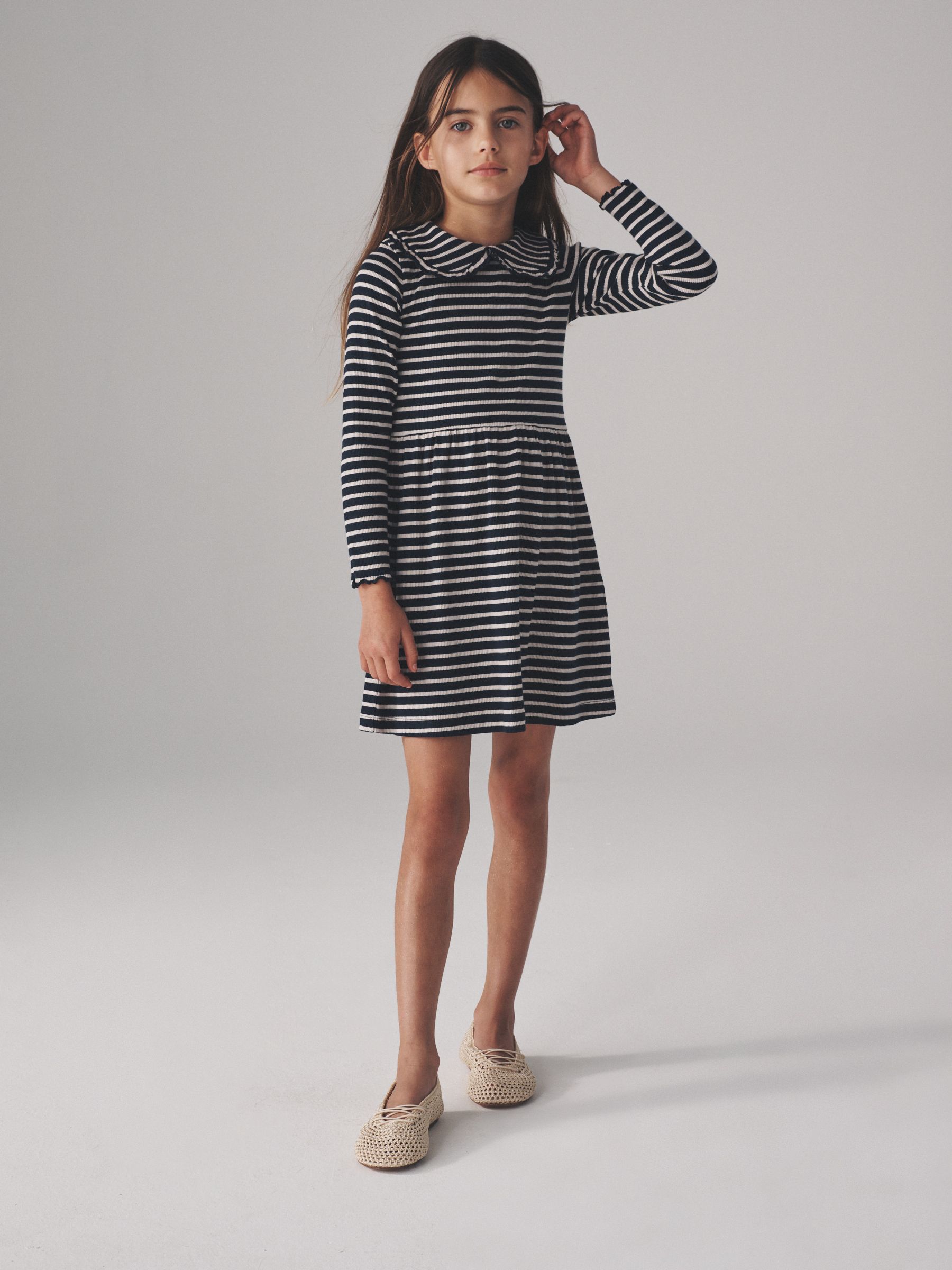 Navy/Red/Stripe - 3 Pack Rib Long Sleeve Collar Dresses - Image 4 of 12