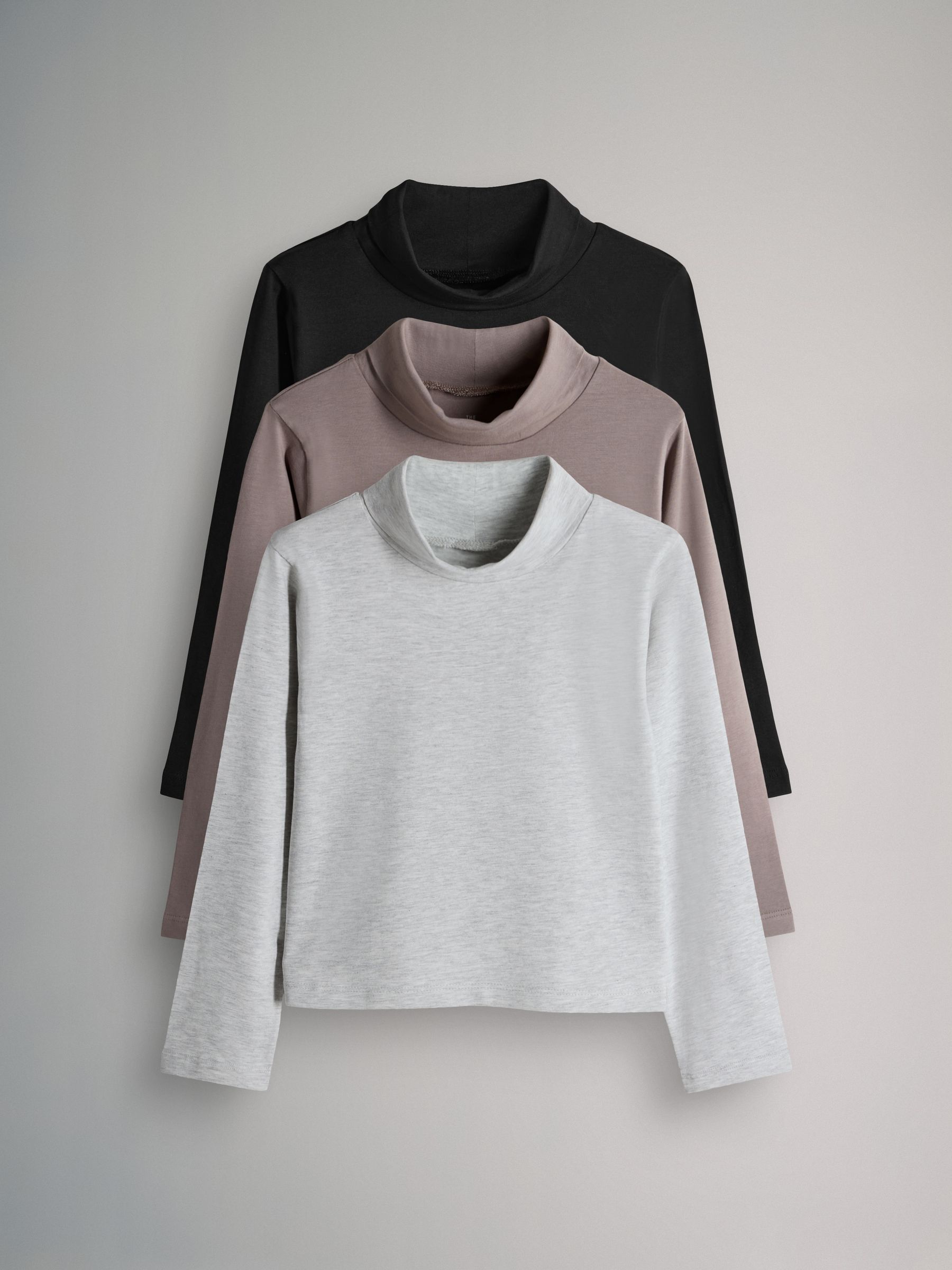 Black/Grey/Brown - 3 Pack Long Sleeve Roll Neck Cotton T-Shirts - Image 2 of 6