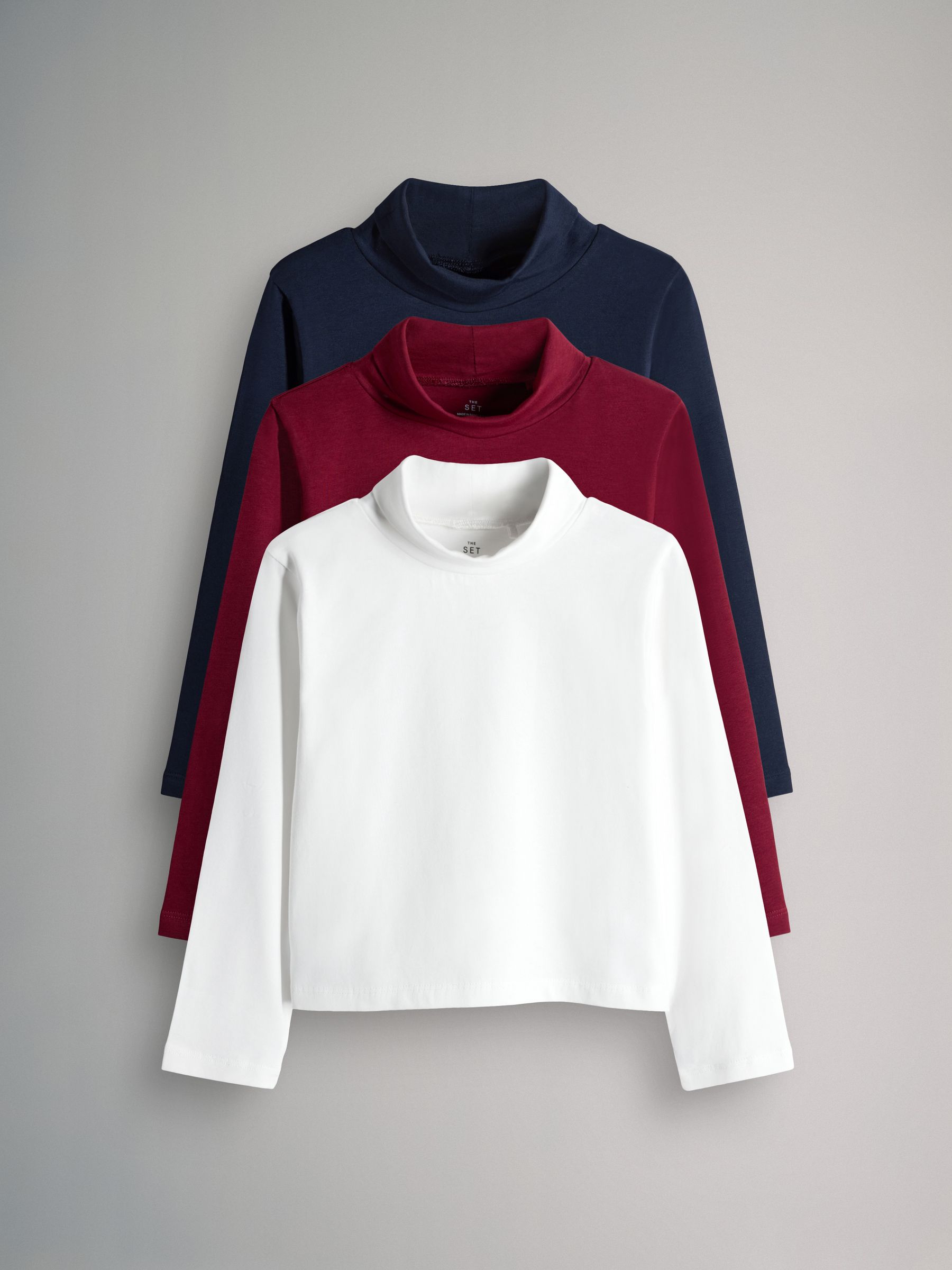 Red/Navy Blue/Cream - 3 Pack Long Sleeve Roll Neck Cotton T-Shirts - Image 1 of 6