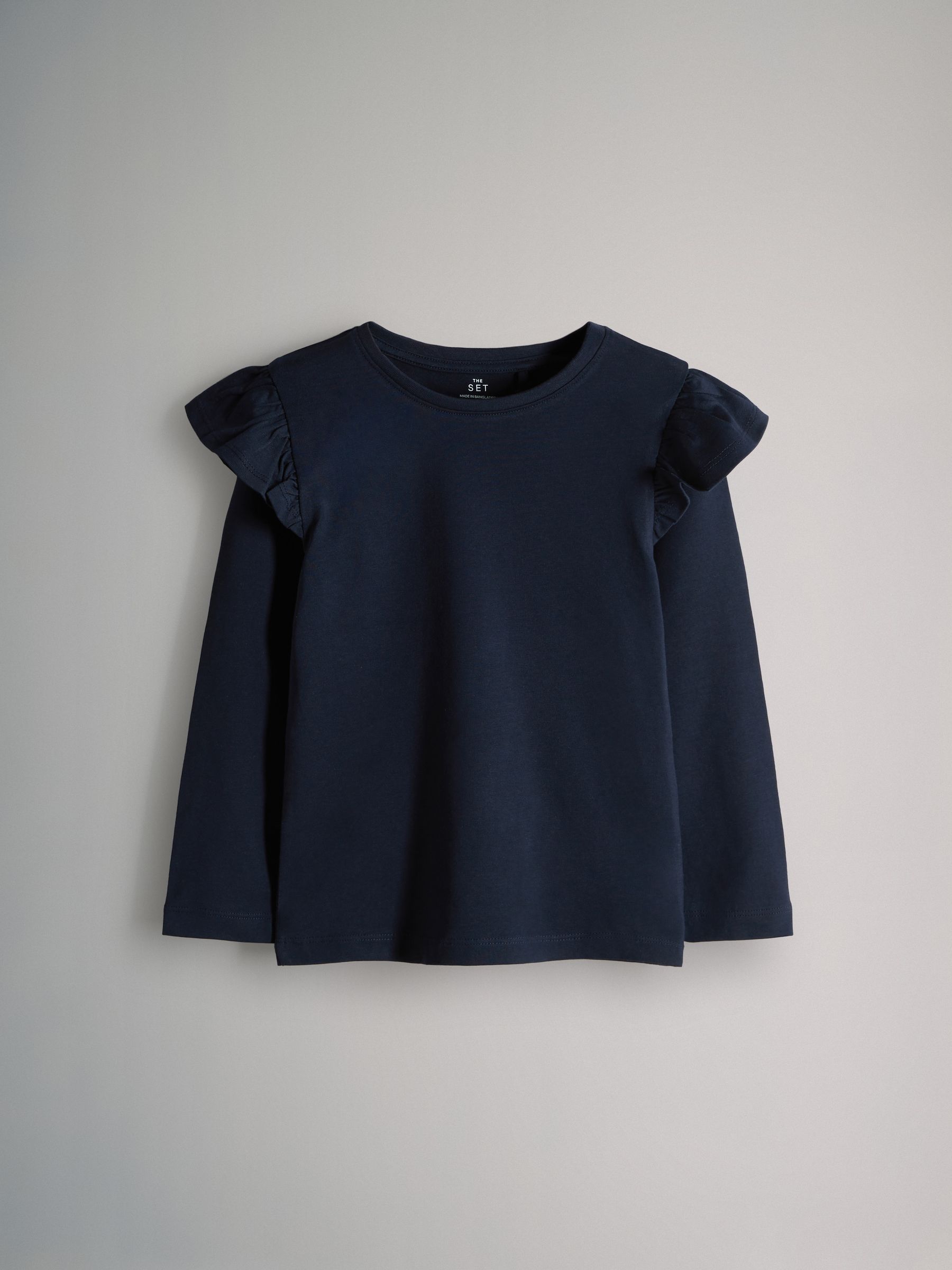 Navy/Grey Marl/White/Spot - 4 Pack Long Sleeve Ruffle Cotton T-Shirts - Image 3 of 7