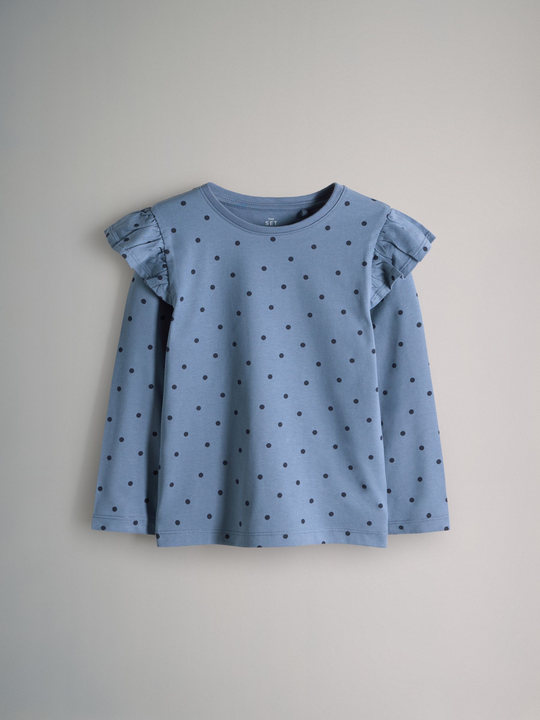 Navy/Grey Marl/White/Spot - 4 Pack Long Sleeve Ruffle Cotton T-Shirts - Image 4 of 7