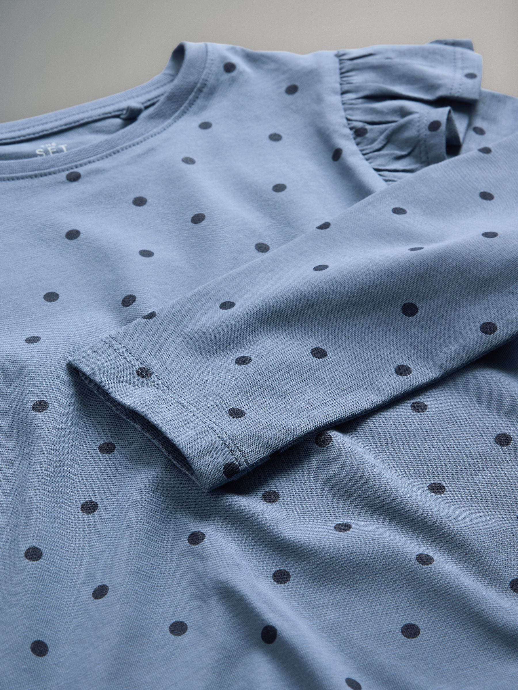 Navy/Grey Marl/White/Spot - 4 Pack Long Sleeve Ruffle Cotton T-Shirts - Image 6 of 7