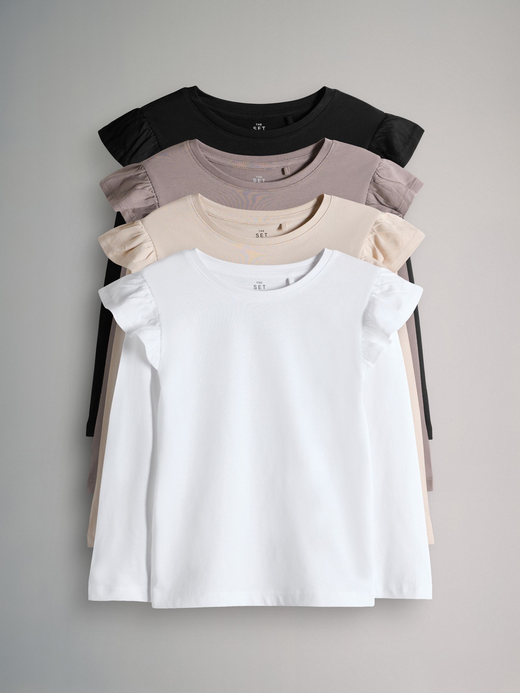 Black/Brown/Cream/White - 4 Pack Long Sleeve Ruffle Cotton T-Shirts - Image 1 of 7