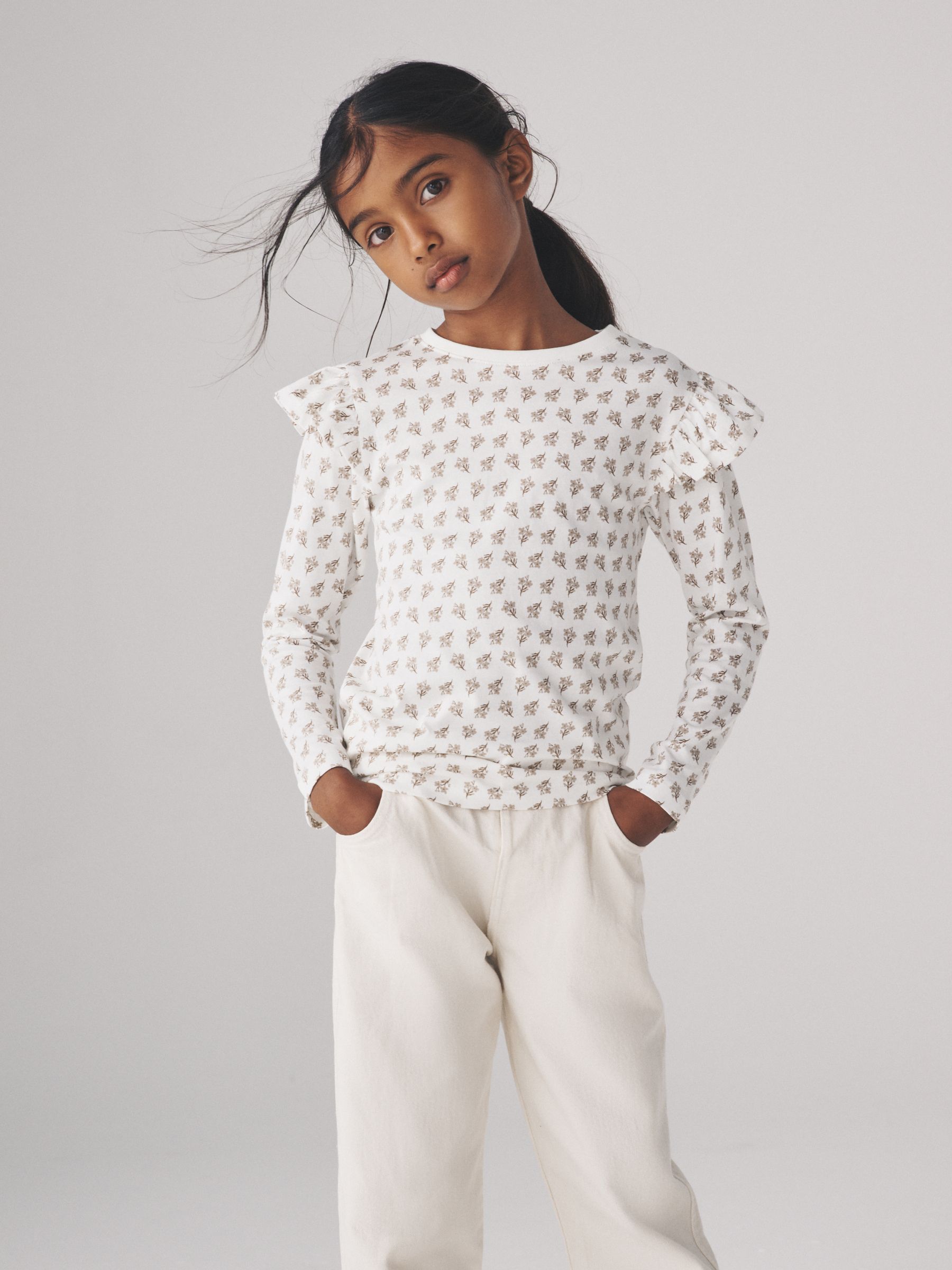 Grey/Brown/Pink/White - 4 Pack Long Sleeve Ruffle Cotton T-Shirts - Image 2 of 13