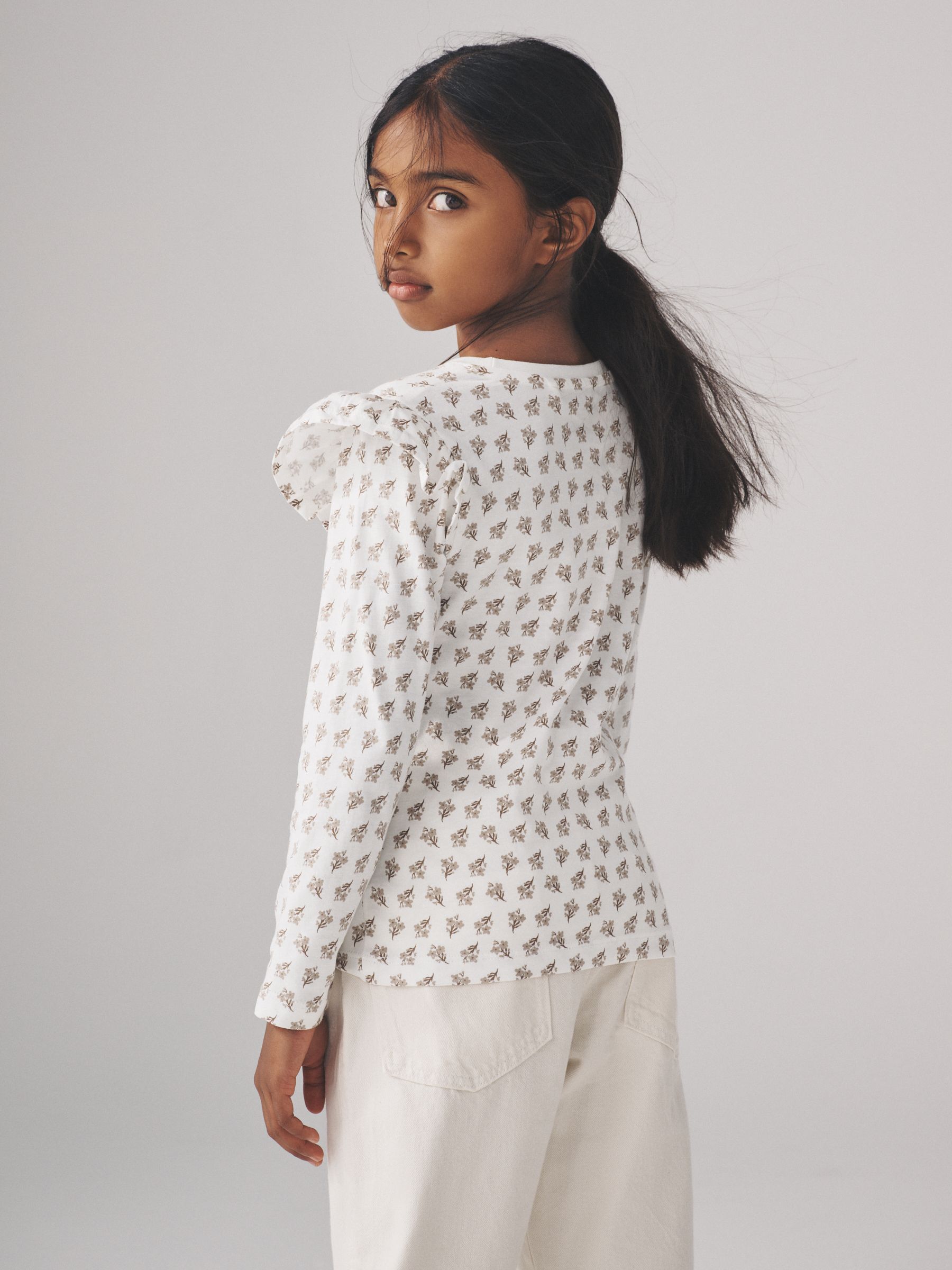 Grey/Brown/Pink/White - 4 Pack Long Sleeve Ruffle Cotton T-Shirts - Image 3 of 13
