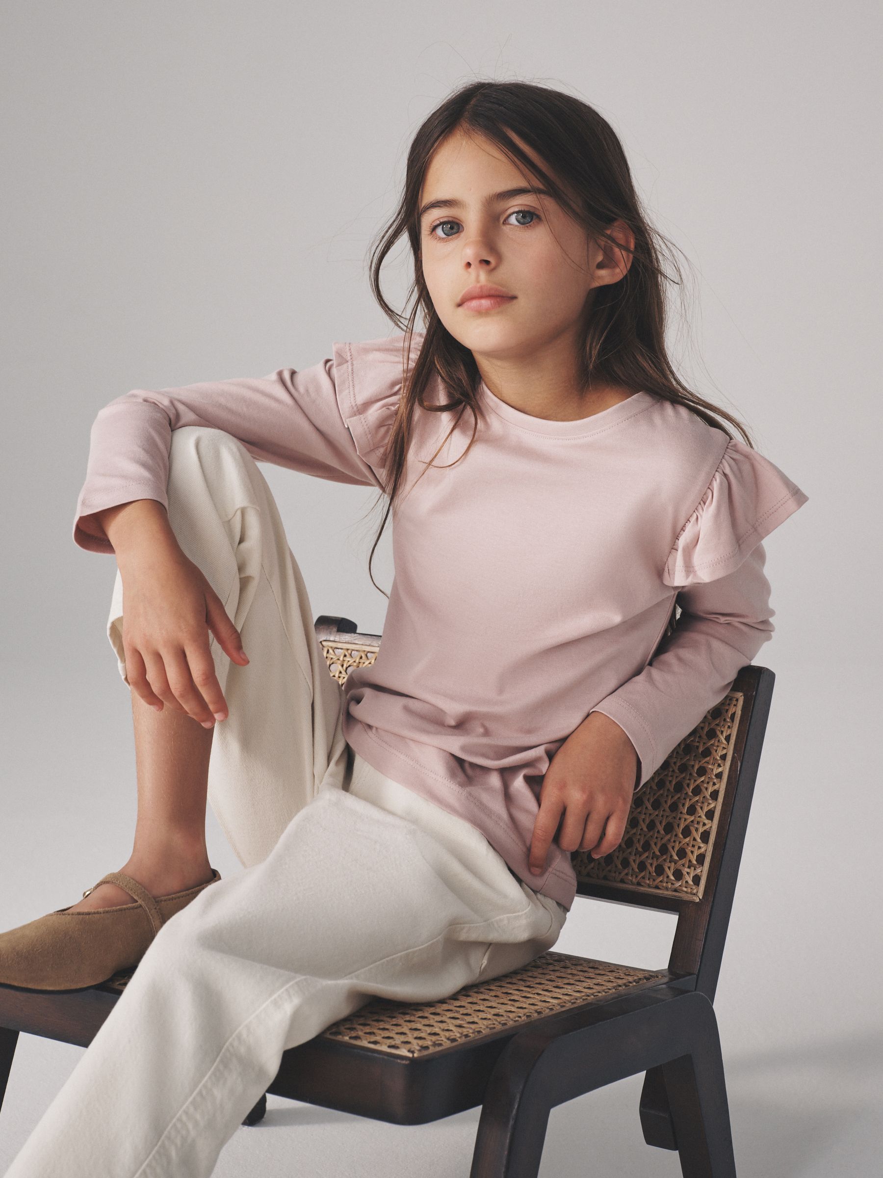 Grey/Brown/Pink/White - 4 Pack Long Sleeve Ruffle Cotton T-Shirts - Image 5 of 13