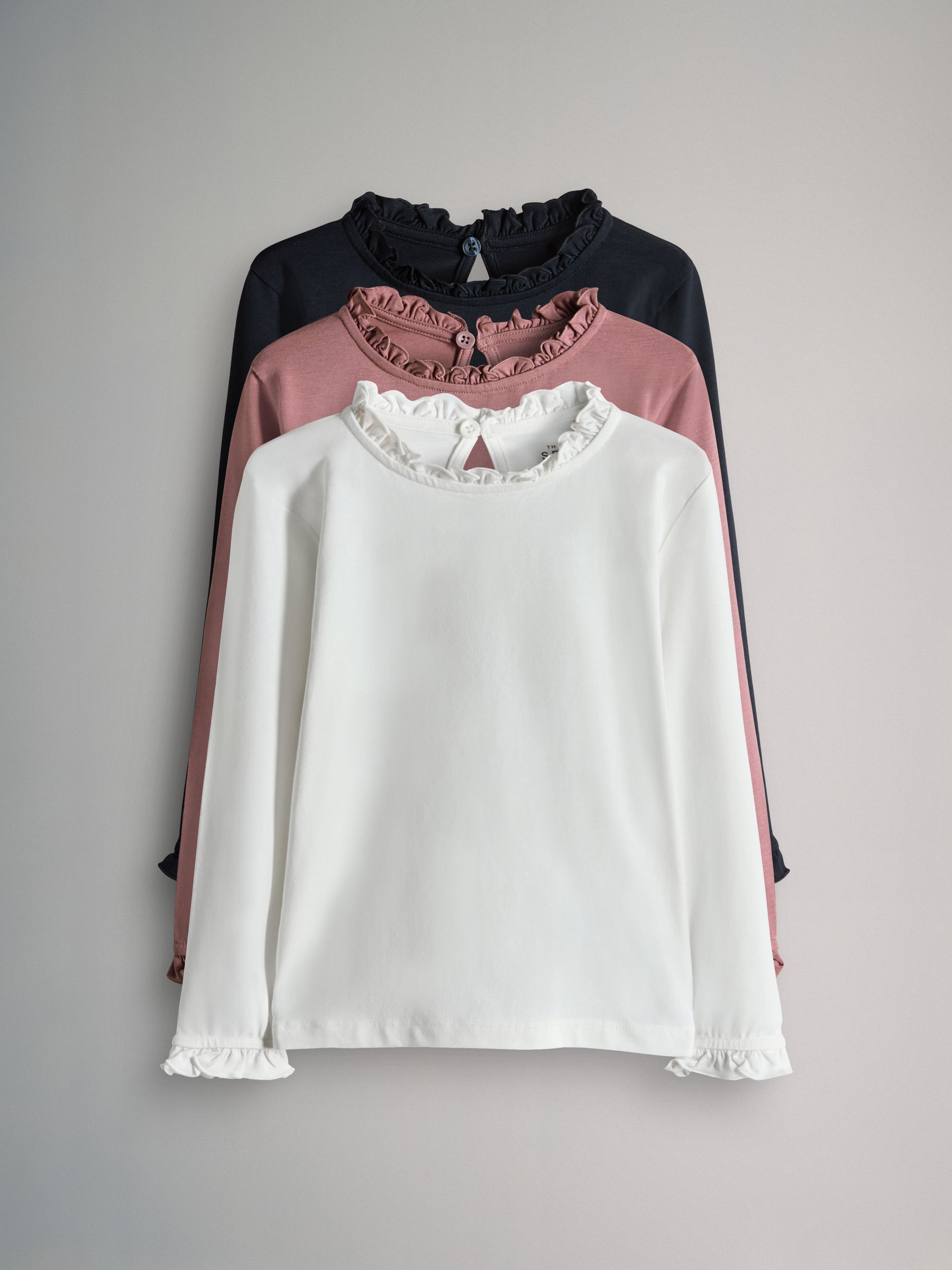3 Pack Long Sleeve Frill Neck Cotton T-Shirts - Image 1 of 6