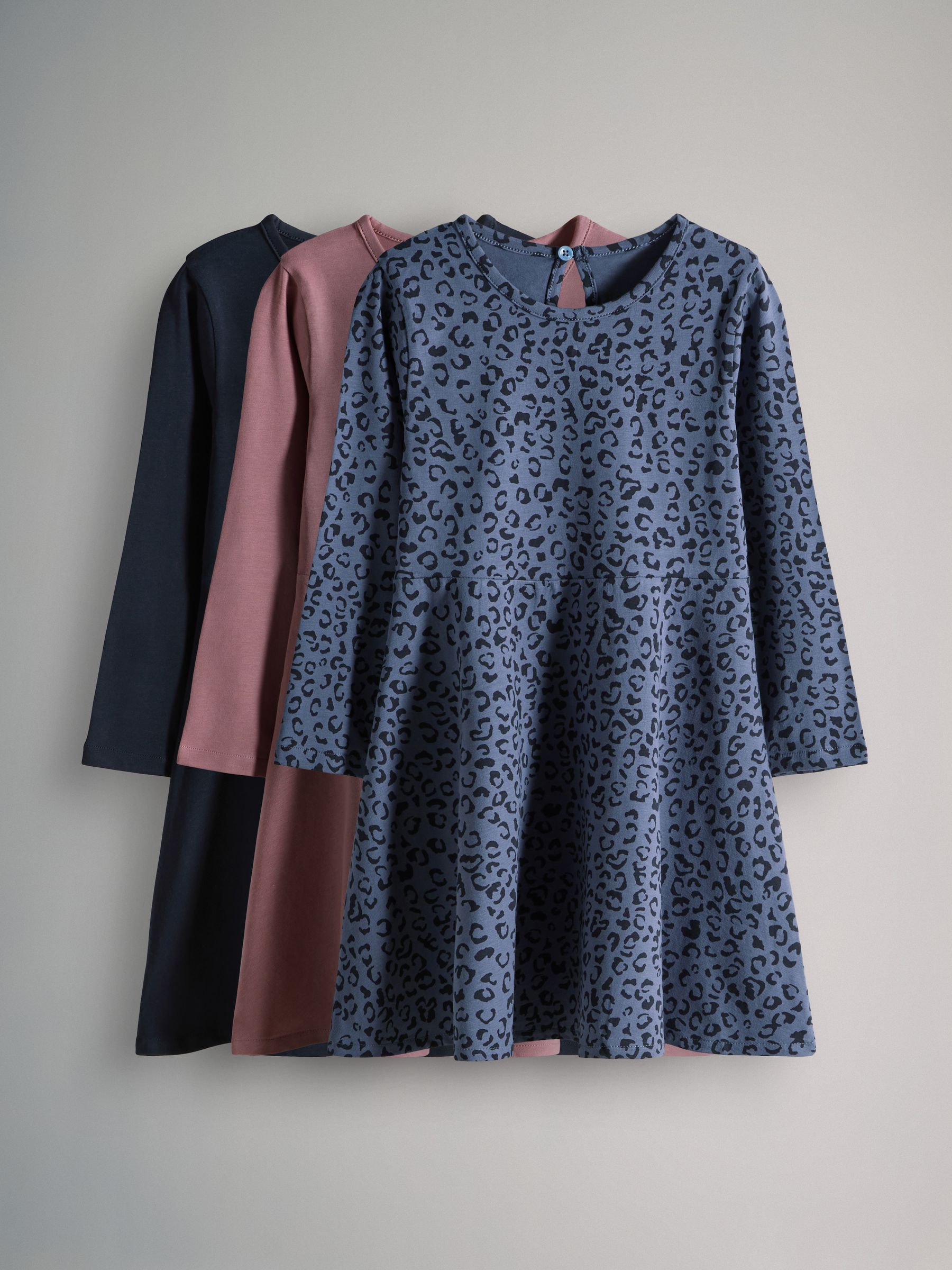 Navy Blue/Pink/Grey - 3 Pack Long Sleeve Skater Cotton Dresses - Image 1 of 6