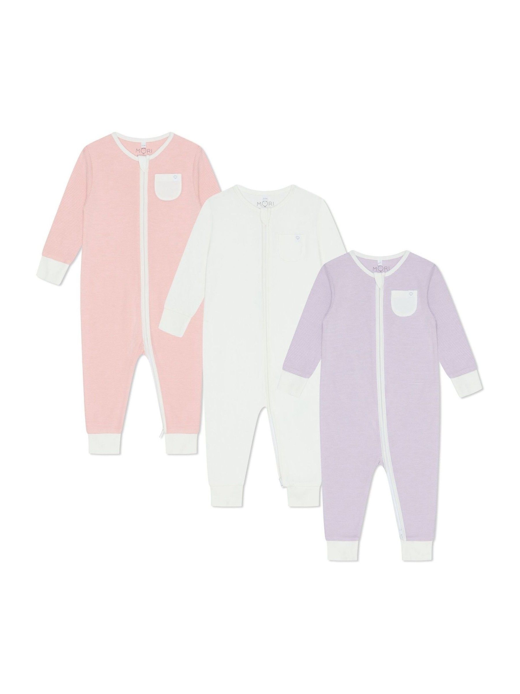 MORI Pink/White/Lilac Pack Supersoft Clever 2 Way Zip Up Sleepsuits - Image 1 of 6 MORI Pink/White/Lilac Pack Supersoft Clever 2 Way Zip Up Sleepsuits - Image 1 of 6