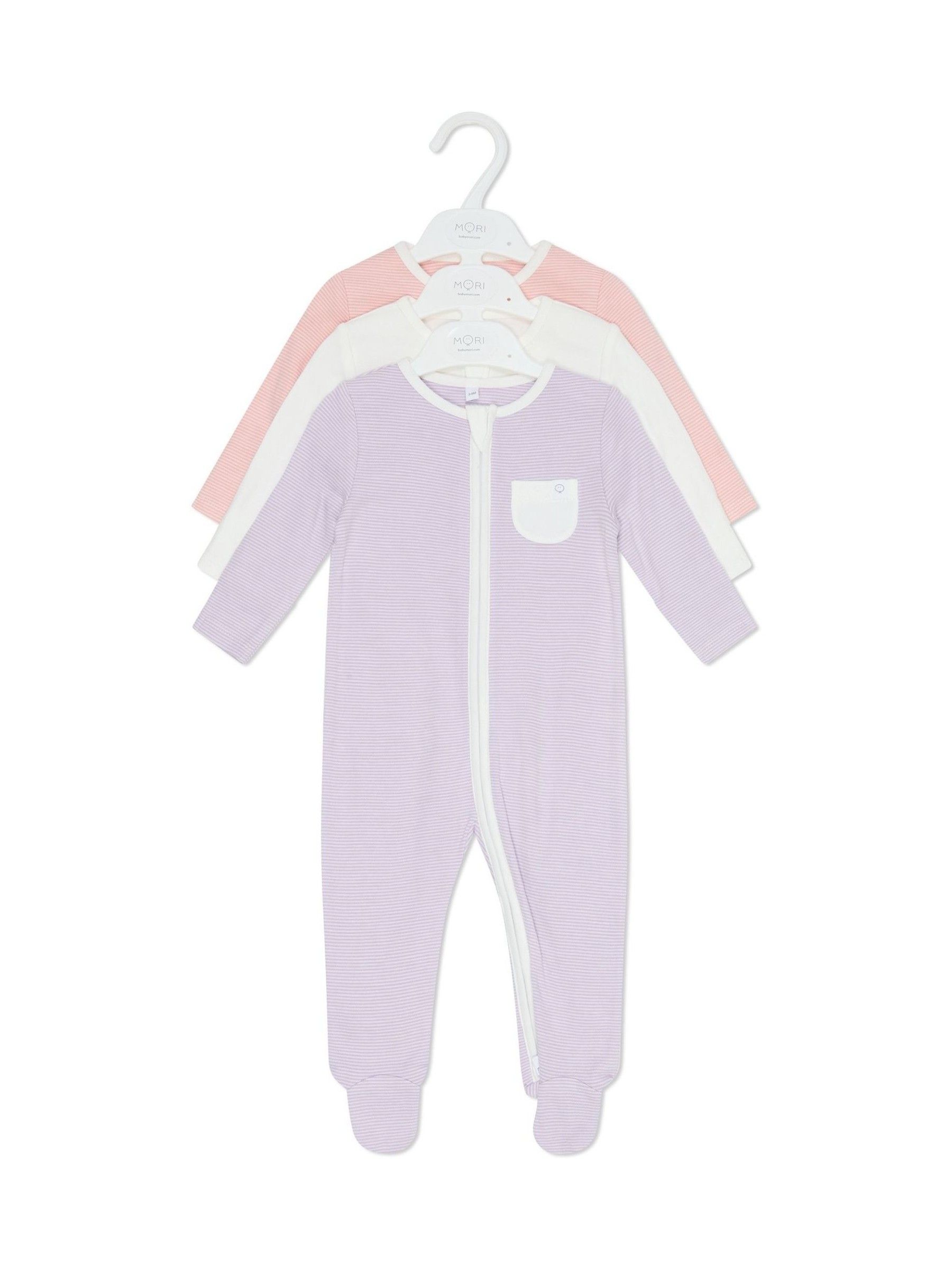 MORI Pink/White/Lilac Pack Supersoft Clever 2 Way Zip Up Sleepsuits - Image 2 of 6
