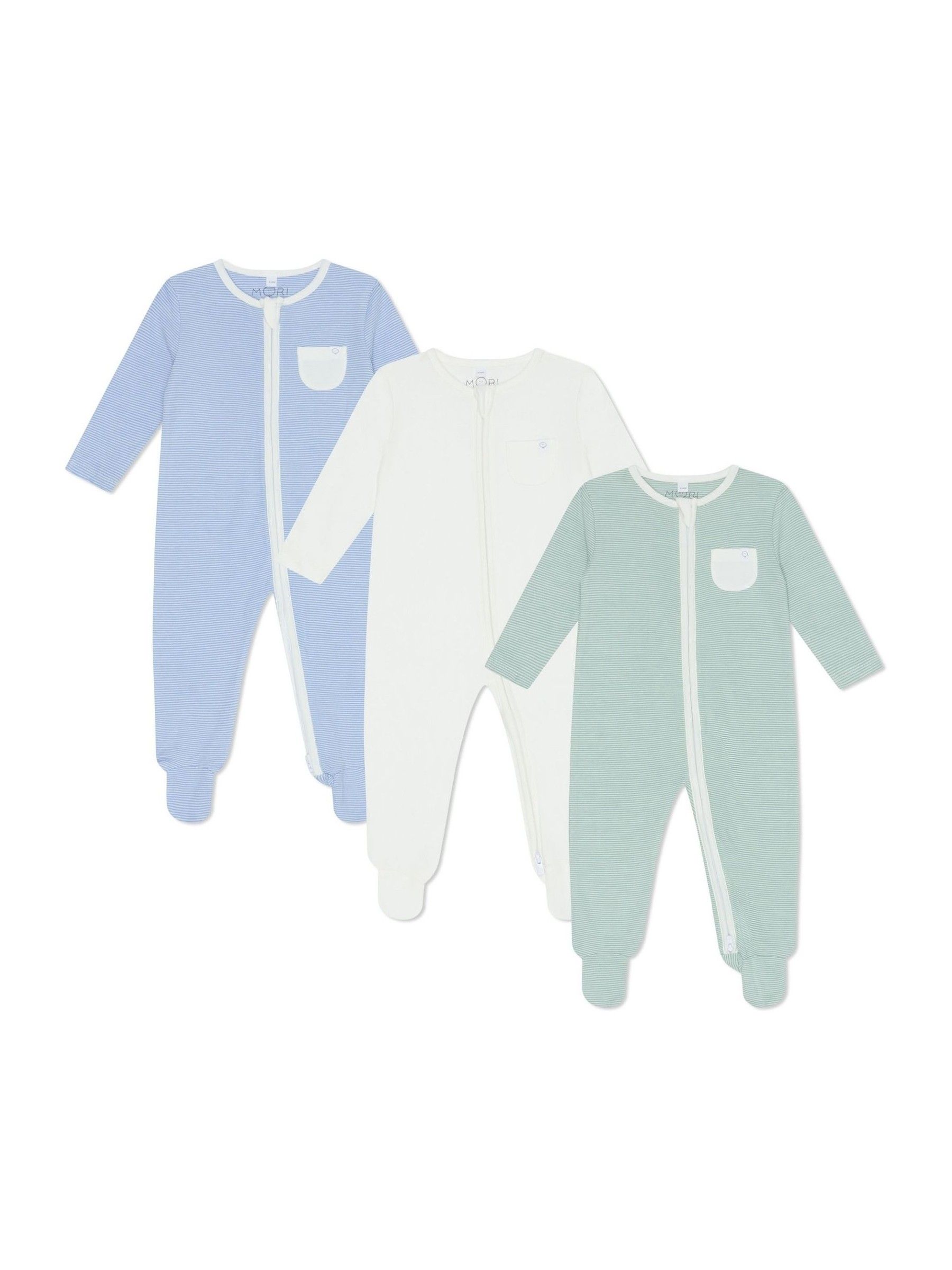 MORI Blue/White/Green Pack Supersoft Clever 2 Way Zip Up Sleepsuits - Image 1 of 8 MORI Blue/White/Green Pack Supersoft Clever 2 Way Zip Up Sleepsuits - Image 1 of 8