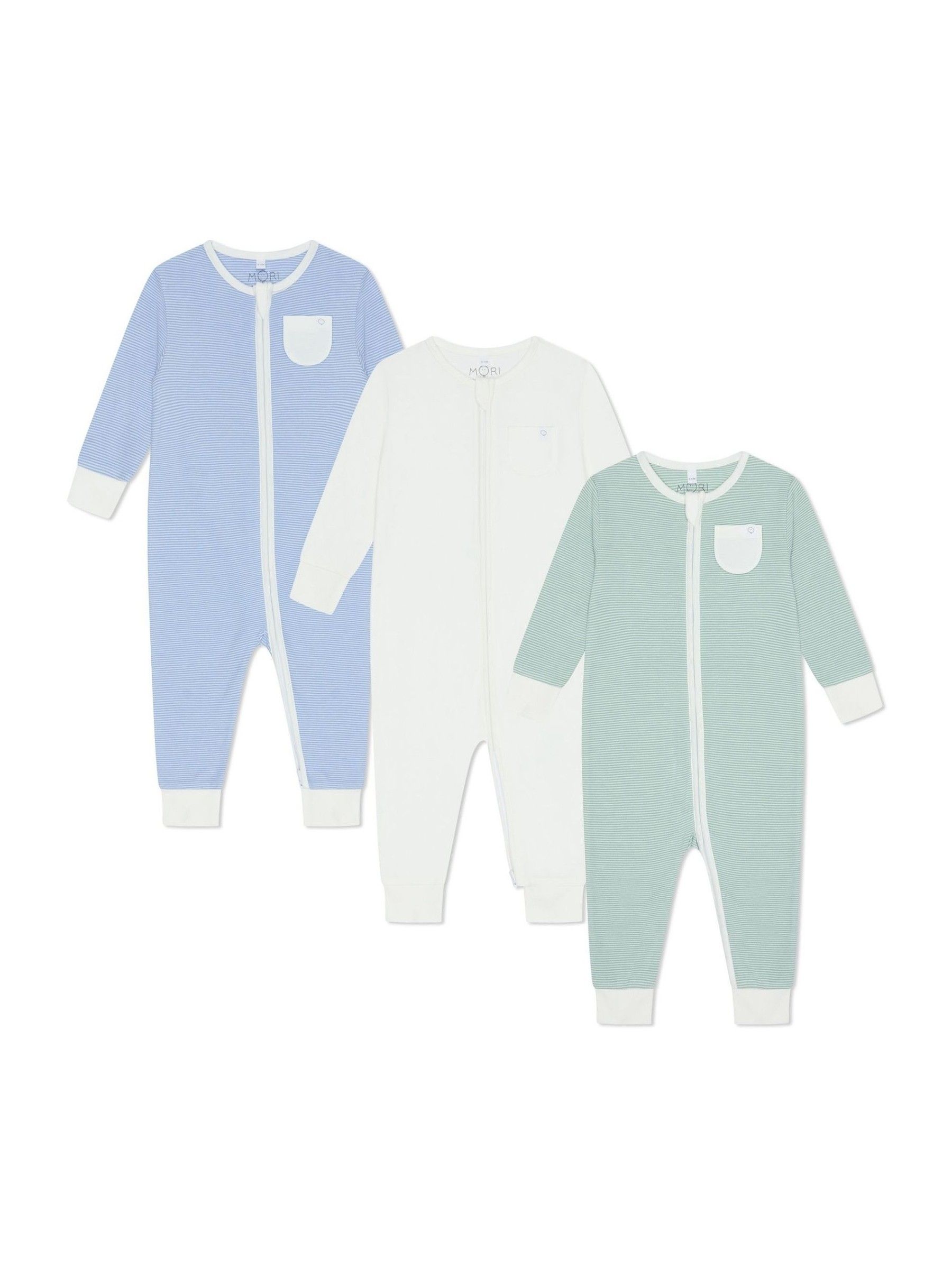 MORI Blue/White/Green Pack Supersoft Clever 2 Way Zip Up Sleepsuits - Image 2 of 8 MORI Blue/White/Green Pack Supersoft Clever 2 Way Zip Up Sleepsuits - Image 2 of 8