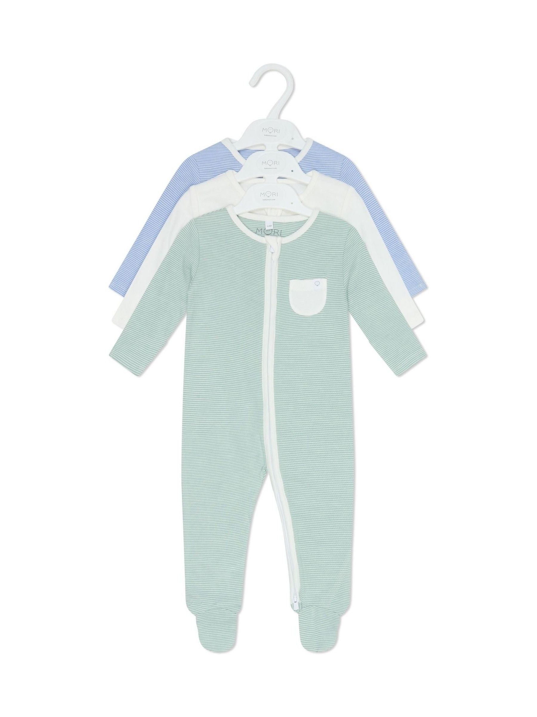 MORI Blue/White/Green Pack Supersoft Clever 2 Way Zip Up Sleepsuits - Image 3 of 8