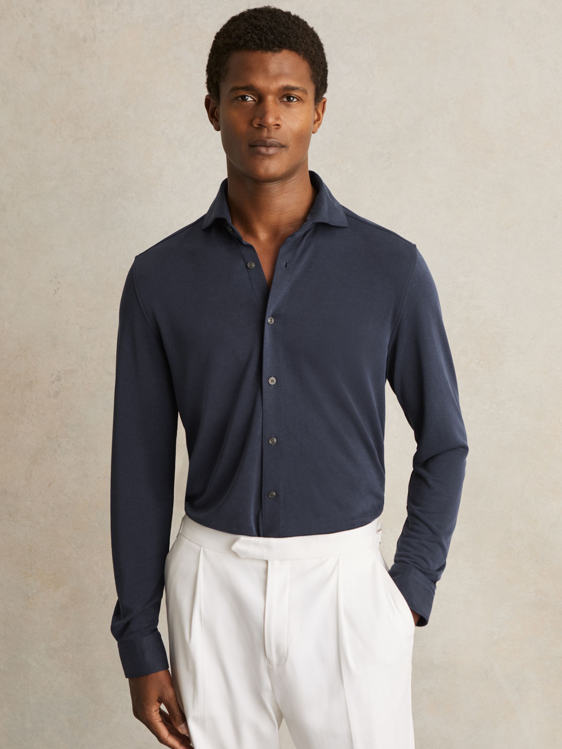 Modal Blend Cutaway Collar Shirt in Navy - Image 1 of 7