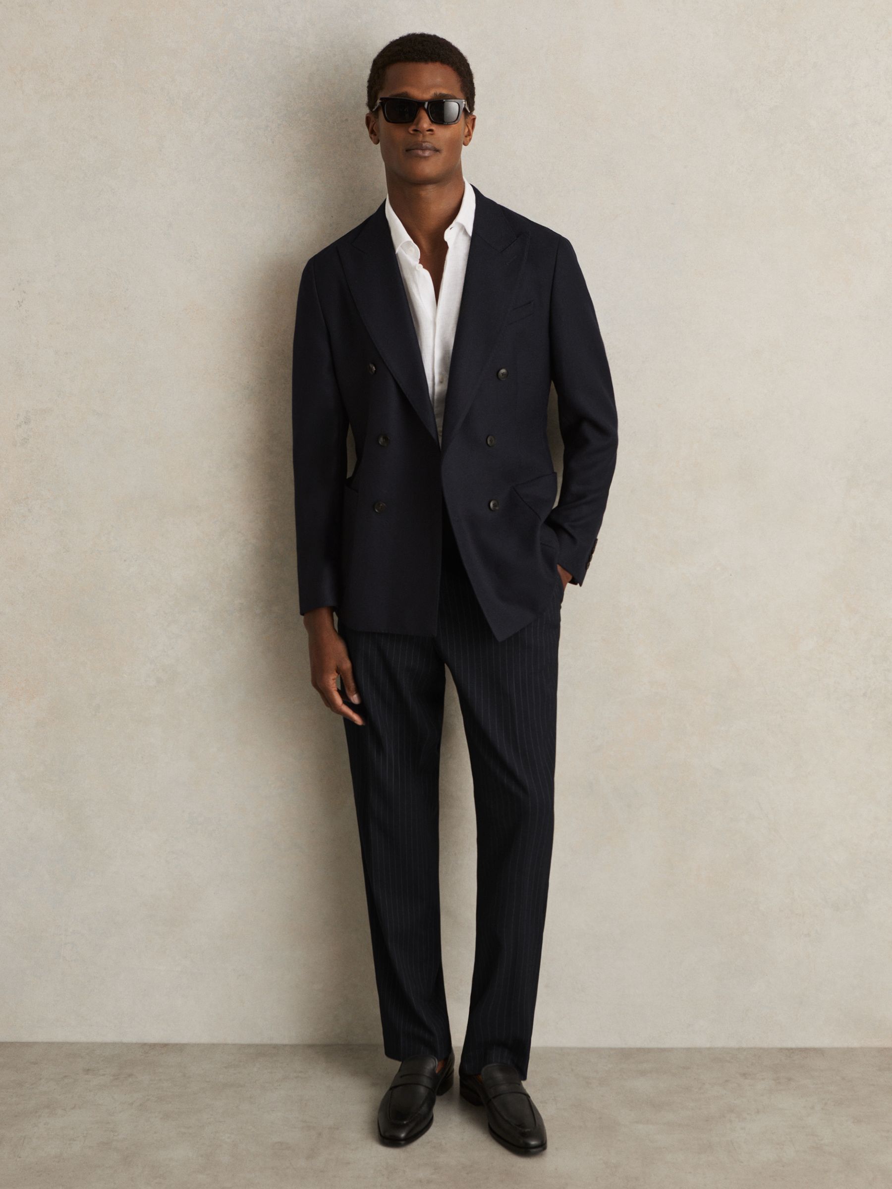 Straight Leg Pinstripe Trousers in Navy - Image 1 of 7