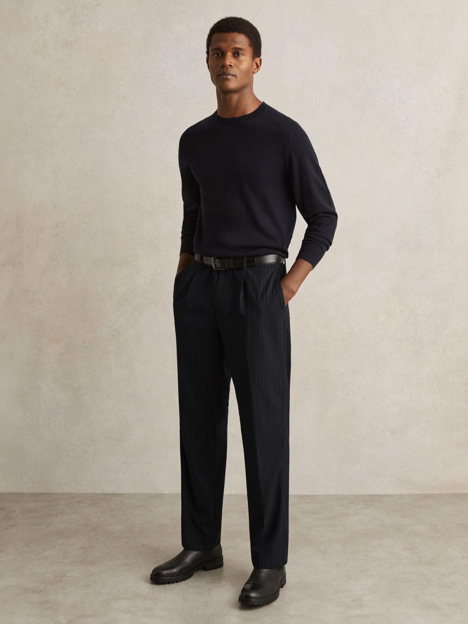 Straight Leg Pinstripe Trousers in Navy - Image 3 of 7