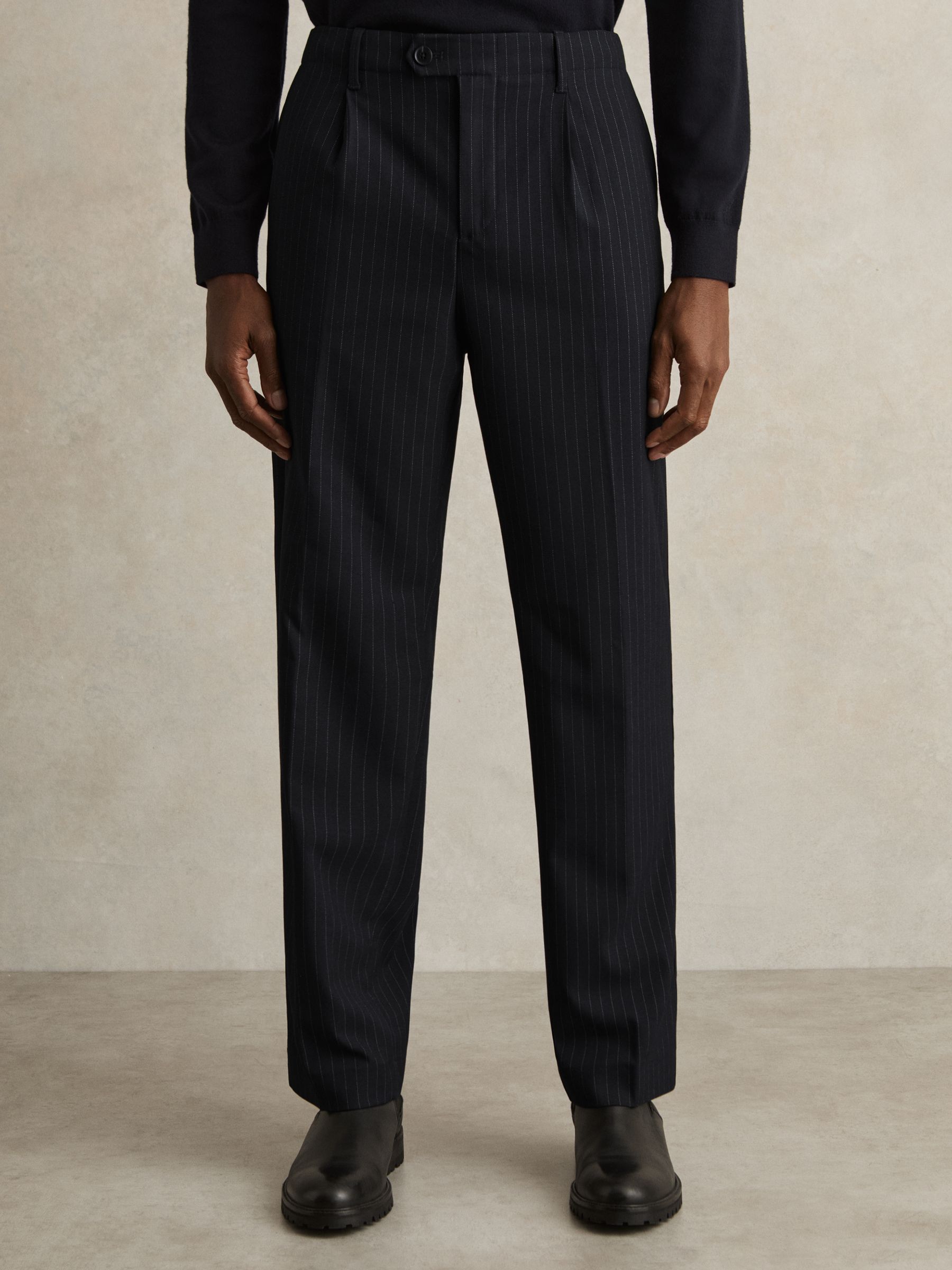 Straight Leg Pinstripe Trousers in Navy - Image 4 of 7