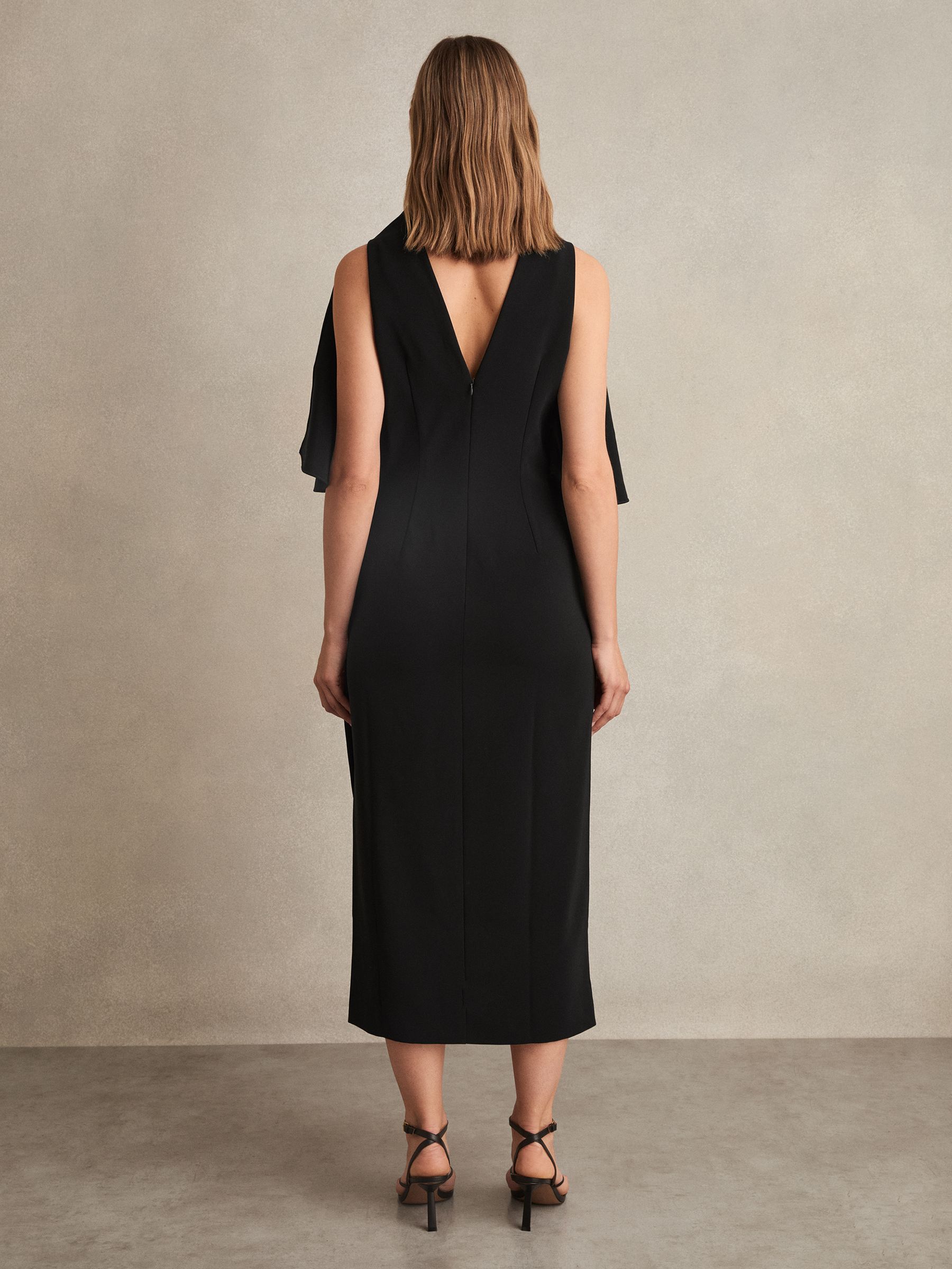 Draped-Front High-Neck Midi Dress in Black - image 4
