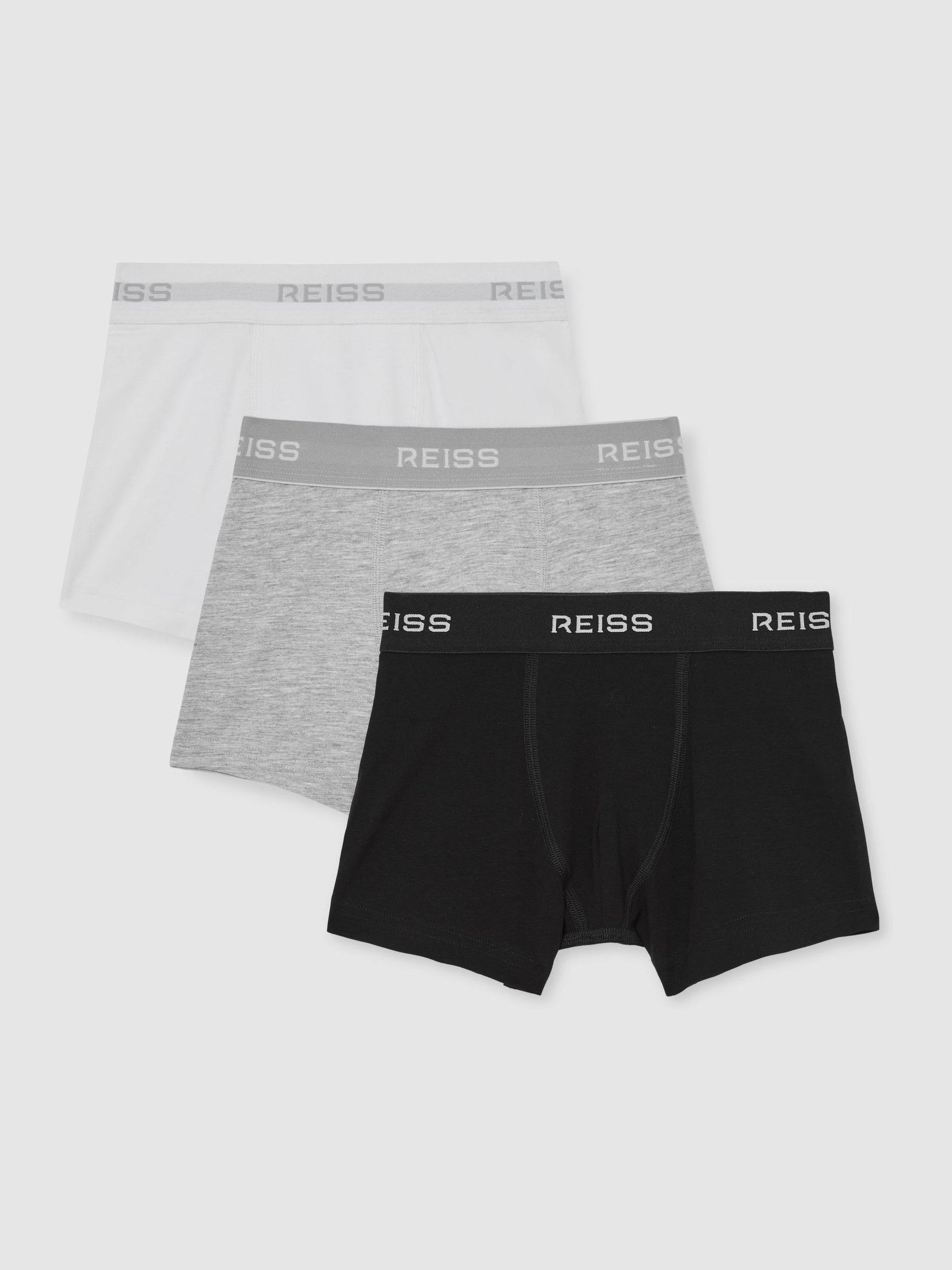 9-13 yrs Stretch-Cotton Logo-Waistband Boxer Shorts 3 Pack in White/Grey/Black - Image 1 of 2