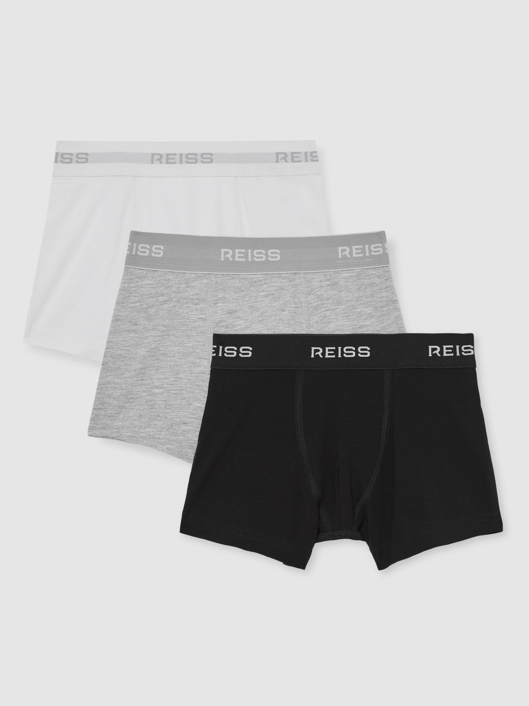 3-9 yrs Stretch-Cotton Logo-Waistband Boxer Shorts 3 Pack in White/Grey/Black - Image 1 of 2