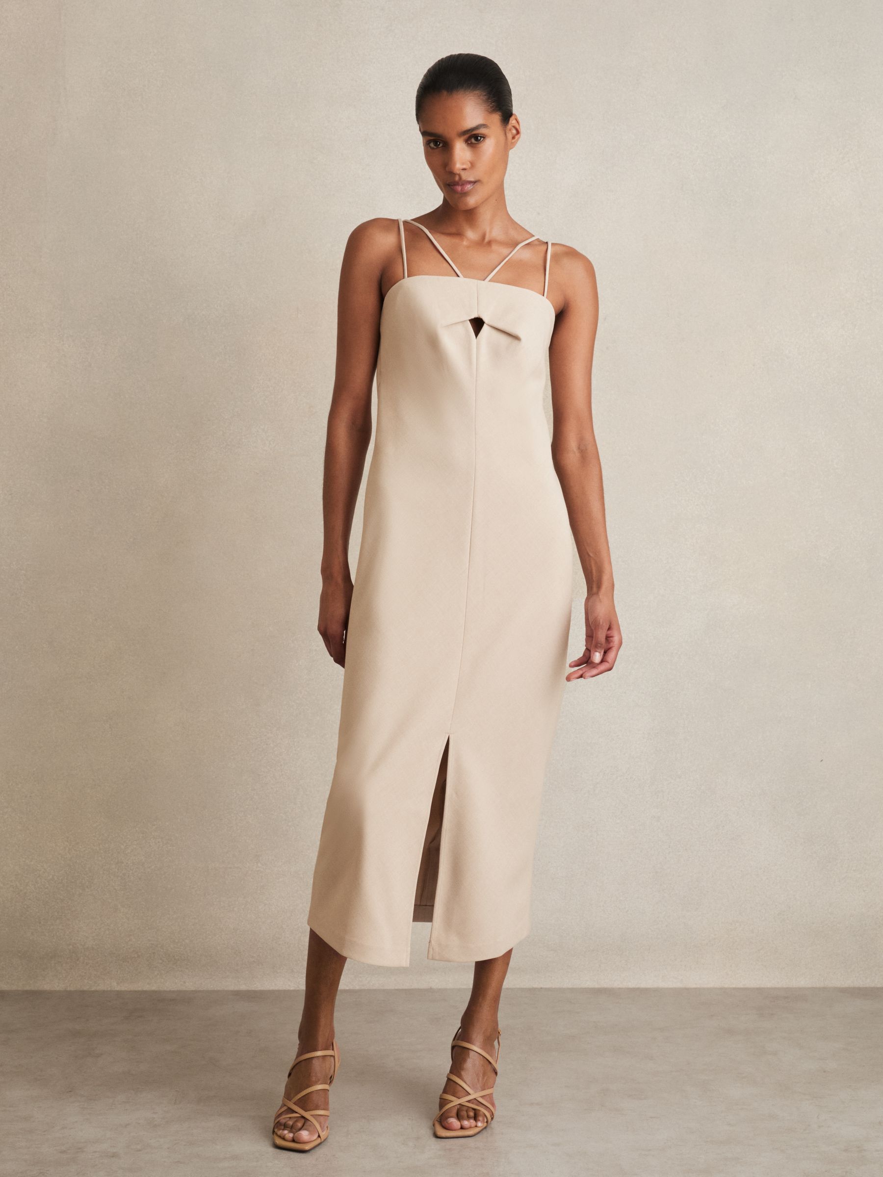 Reiss Double Strap Cut Out Midi Dress in Stone Neutral - REISS