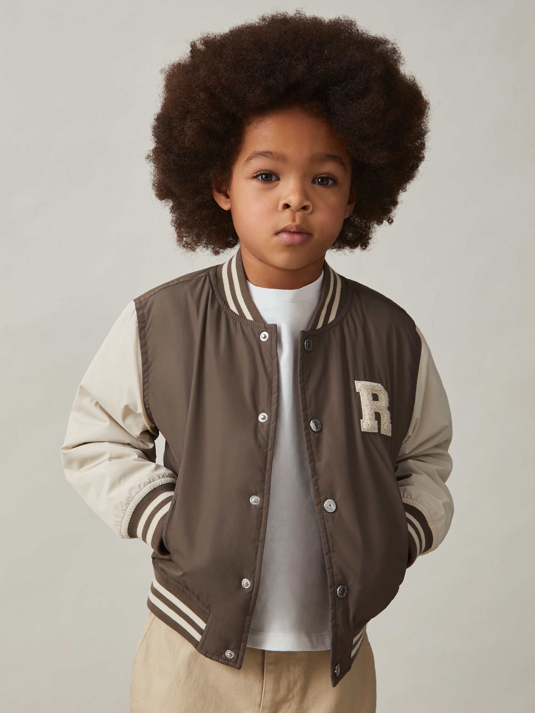 3-9 yrs Colour-Block Varsity Bomber Jacket in Mink Brown/Off White - Image 2 of 3