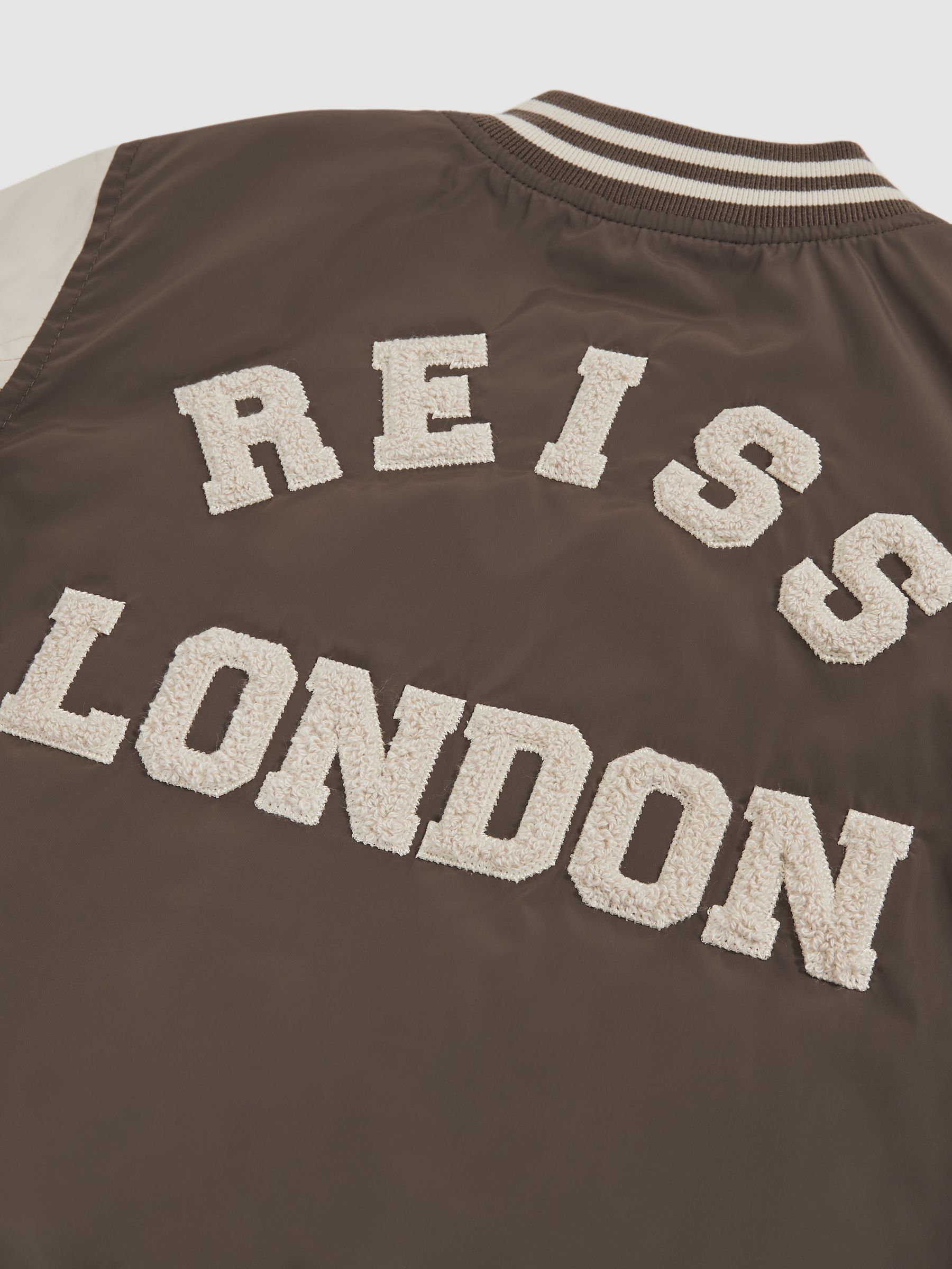 3-9 yrs Colour-Block Varsity Bomber Jacket in Mink Brown/Off White - Image 3 of 3