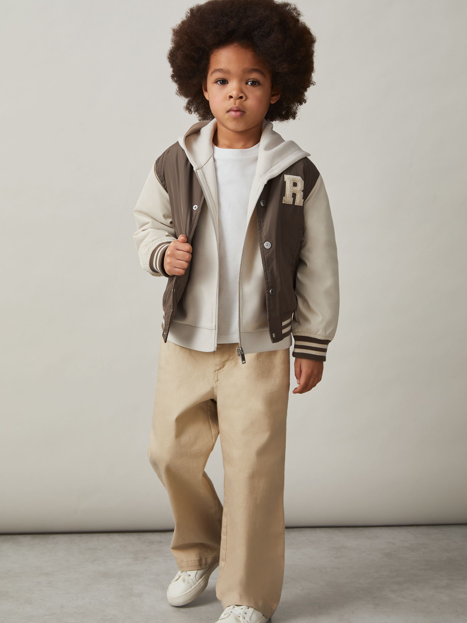 9-13 yrs Colour-Block Varsity Bomber Jacket in Mink Brown/Off White - Image 3 of 5