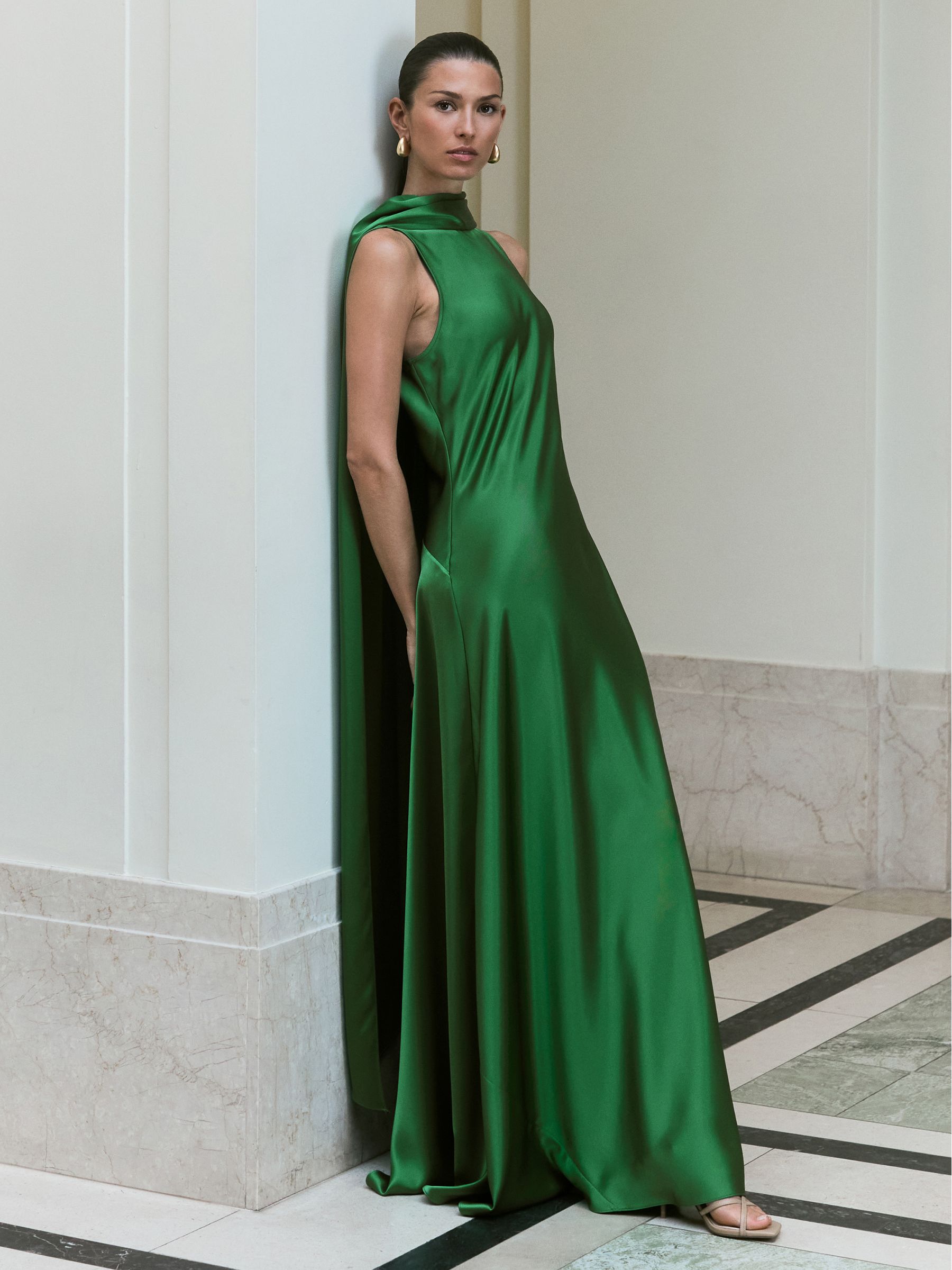 Satin Cape Maxi Dress in Green - Image 1 of 8