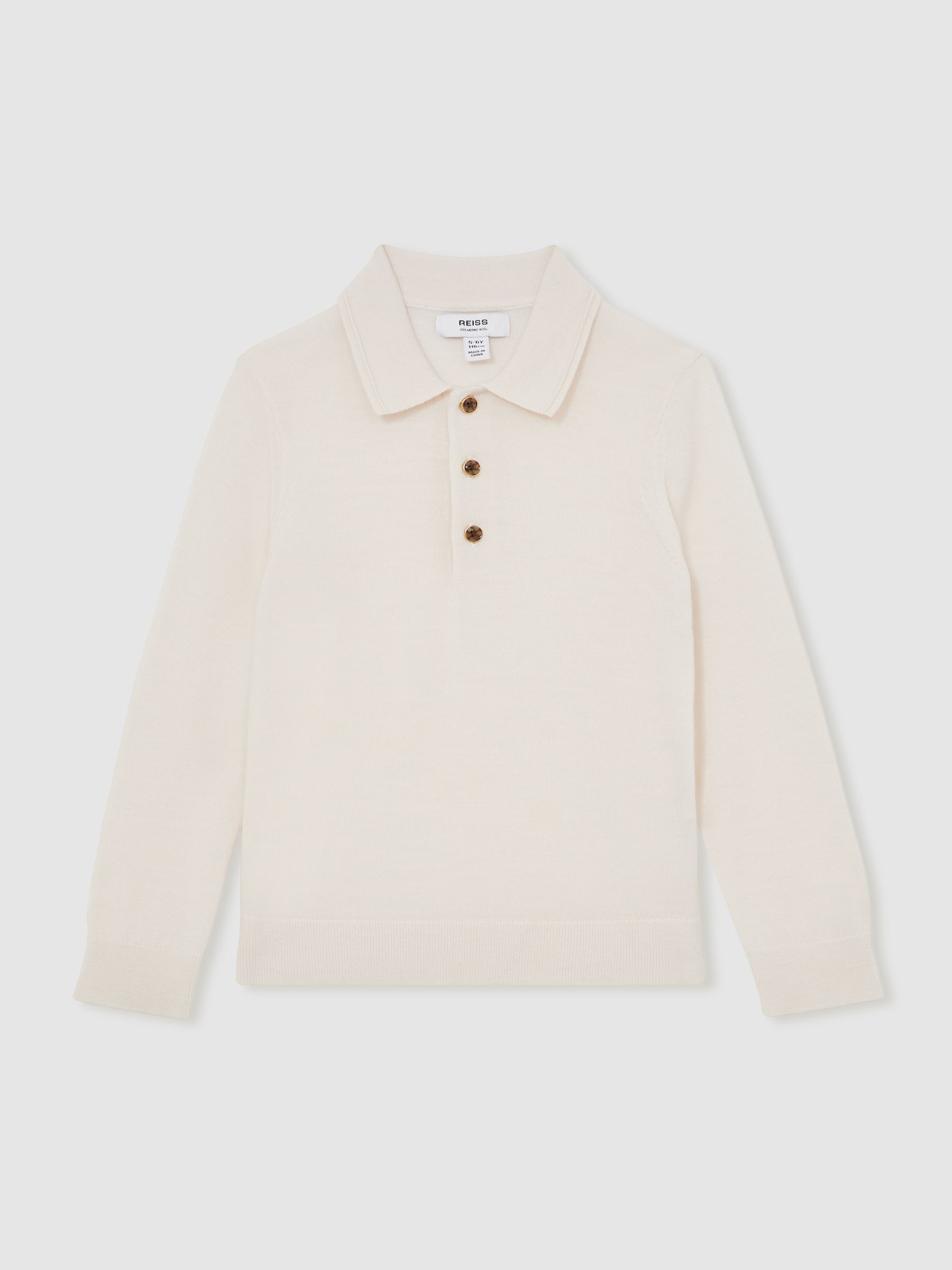 13-14 yrs Merino Wool Long-Sleeve Polo Shirt in Snow - Image 1 of 4