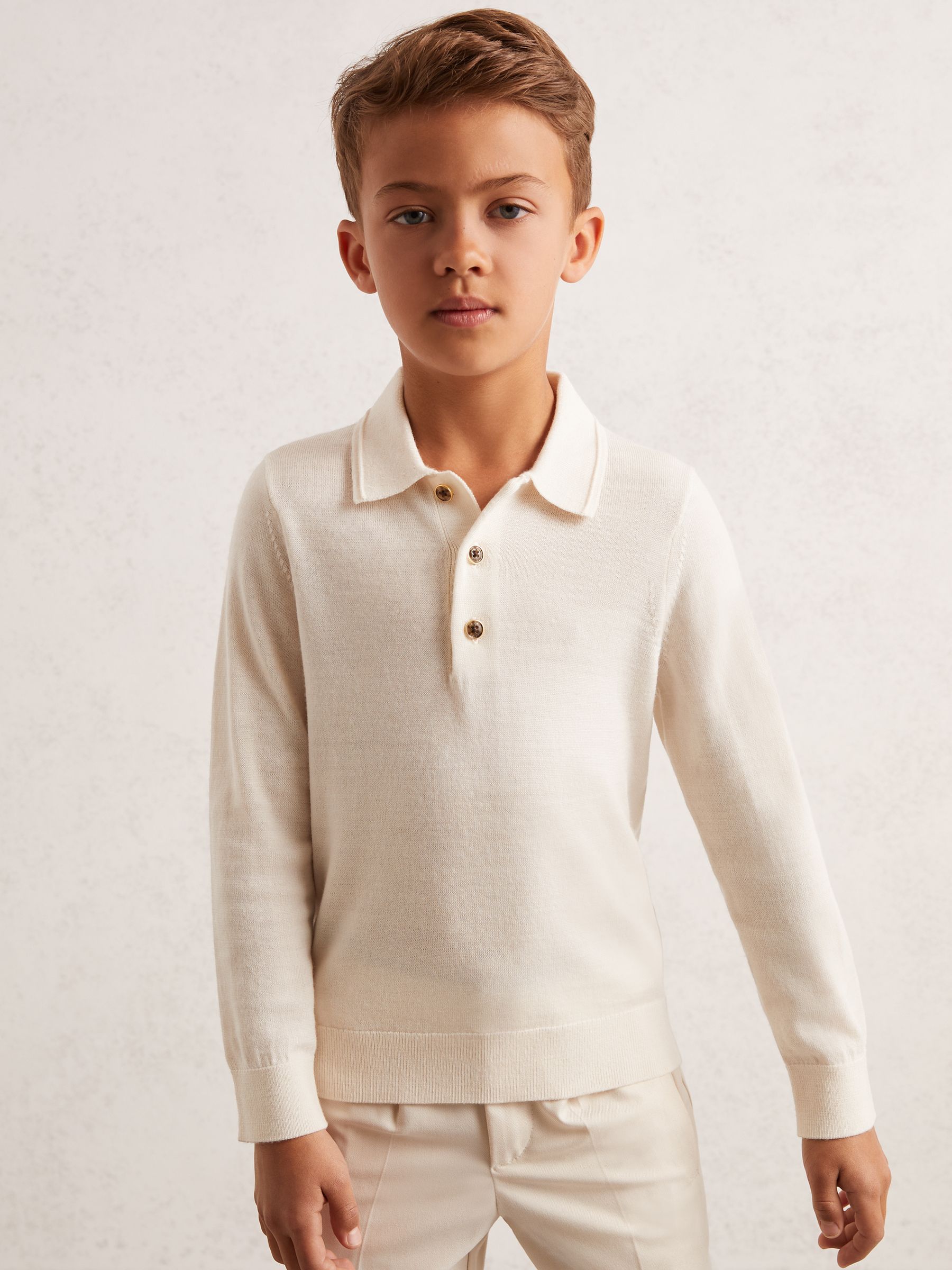 13-14 yrs Merino Wool Long-Sleeve Polo Shirt in Snow - Image 3 of 4