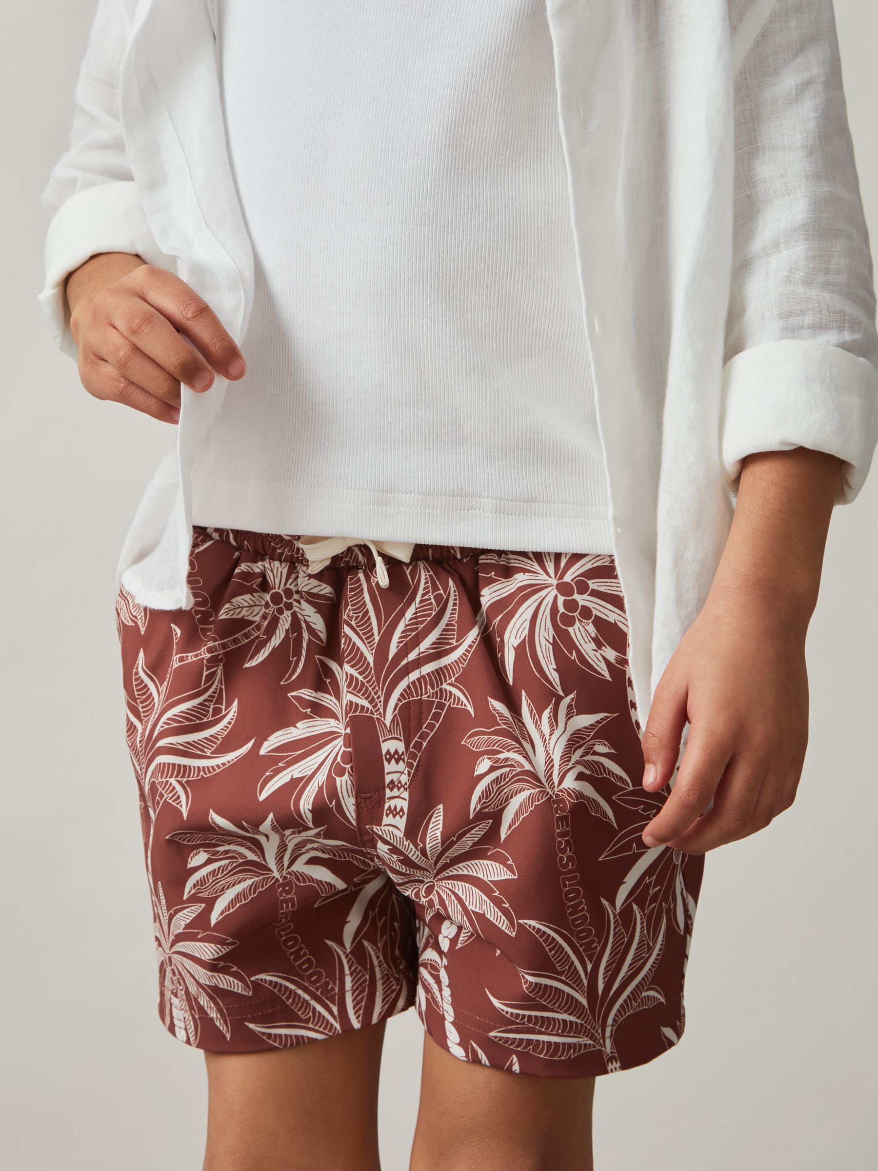 13-14 yrs Palm-Print Swim Shorts in Rust/Off White - Image 3 of 4