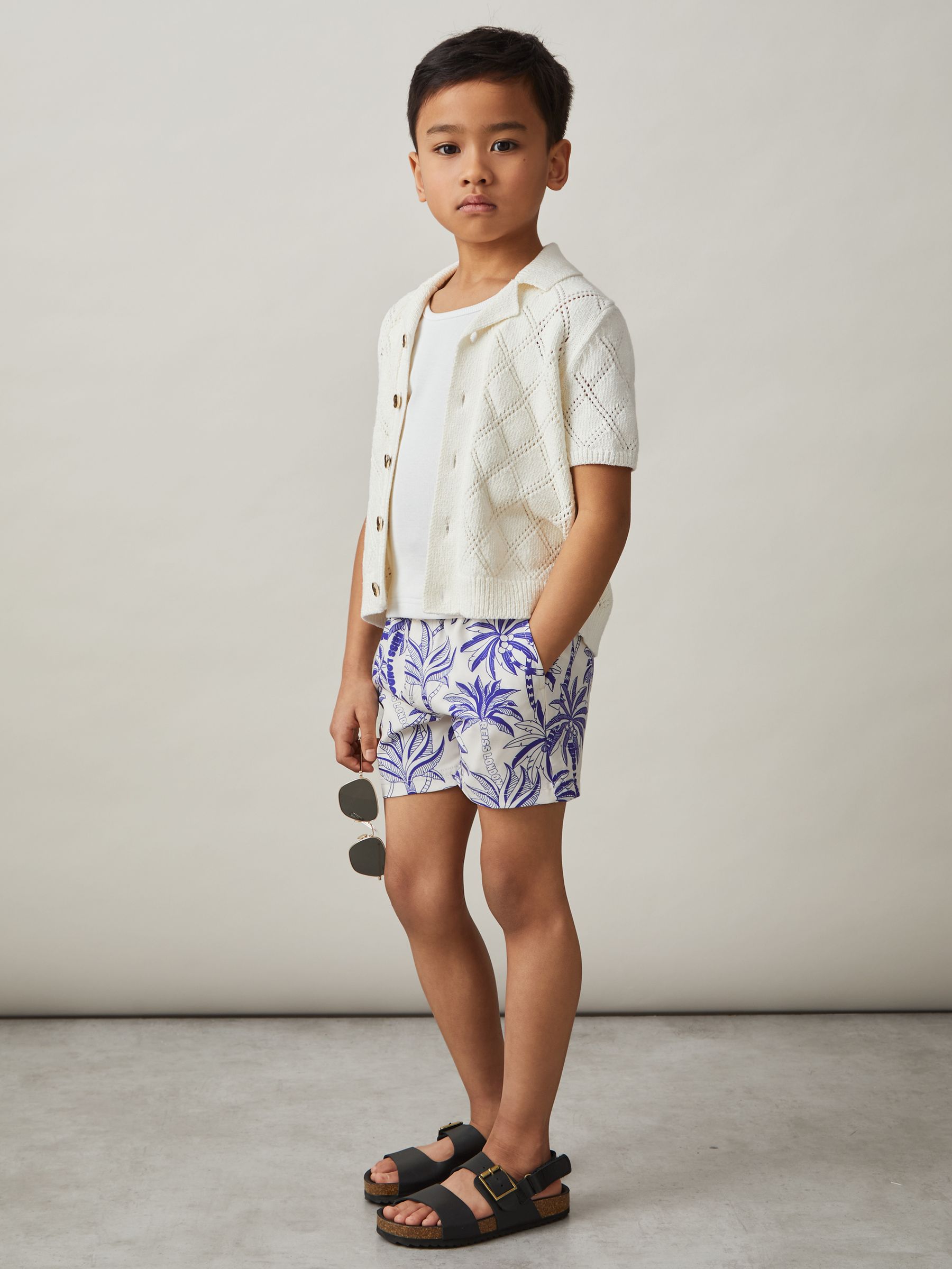 13-14 yrs Palm-Print Swim Shorts in White/French Blue - Image 2 of 4