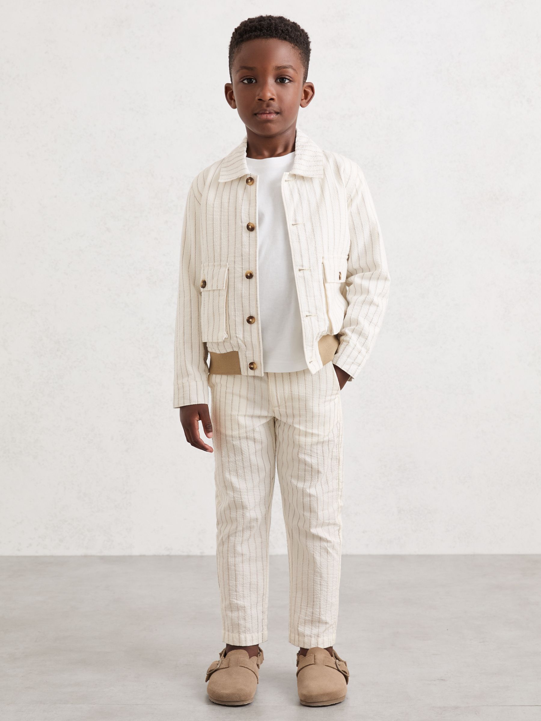 3-9 yrs Cotton Pinstripe Harrington Jacket in Off White/Taupe Brown - Image 3 of 4