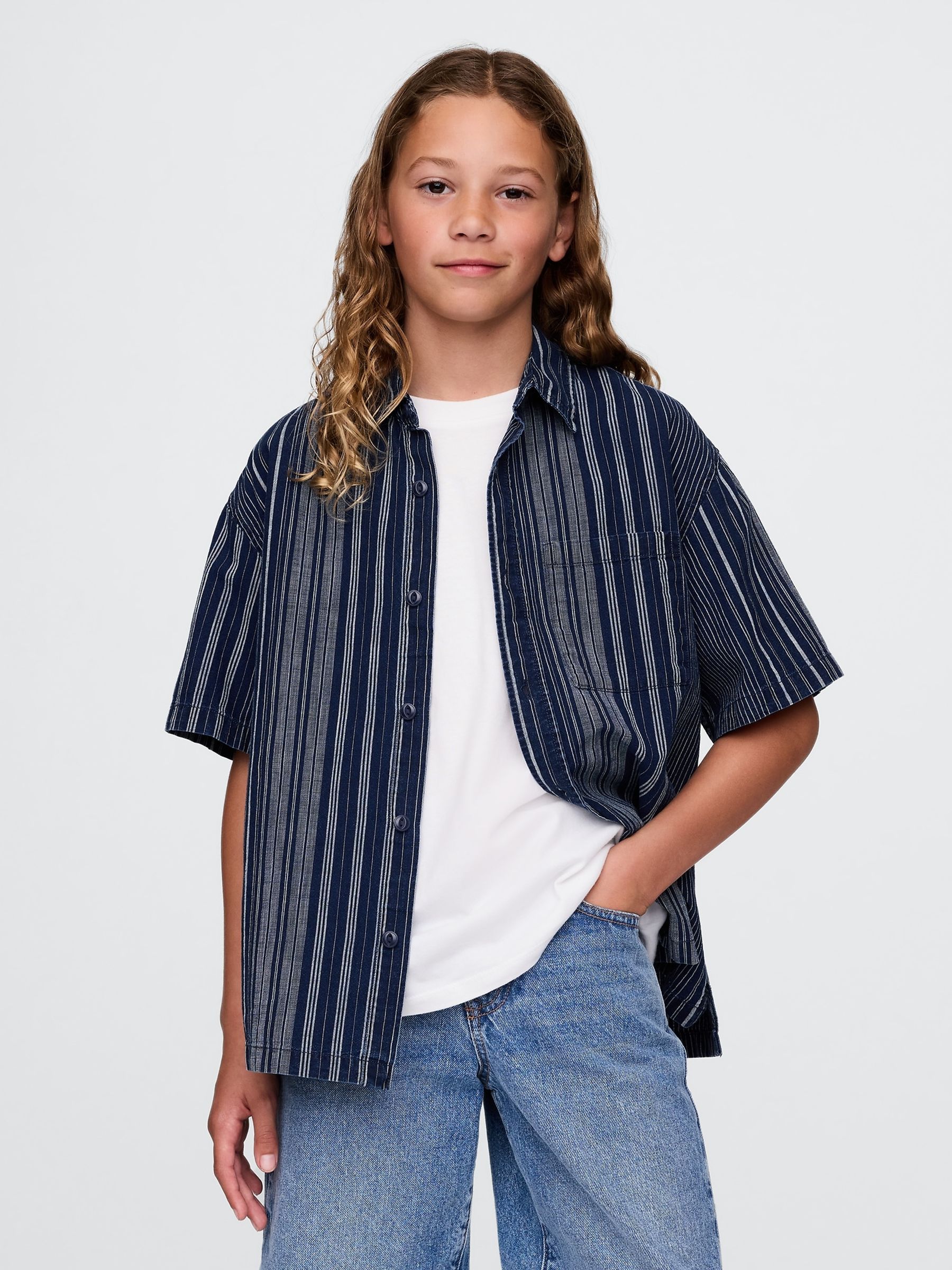 Navy/Blue Stripe Relaxed Indigo Stripe Shirt (4-13yrs) - Image 1 of 5