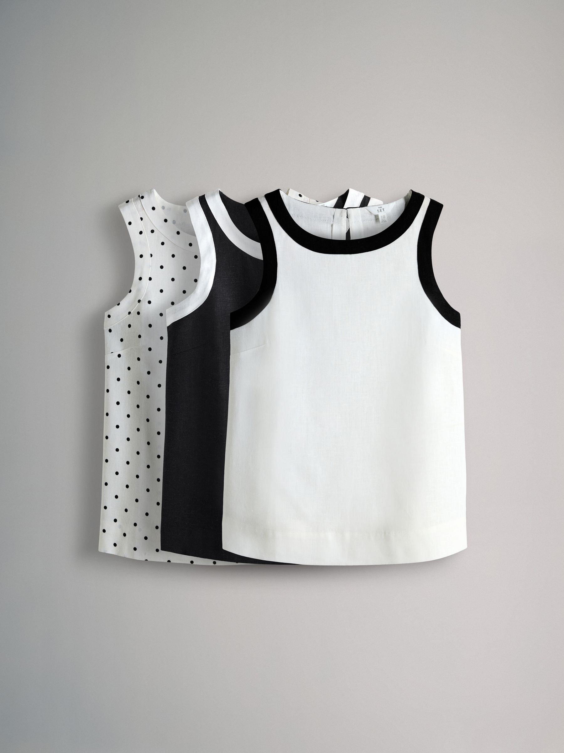 Next Black/White/Spot Piped Linen Blend Shell Tops 3 Pack - Image 1 of 6