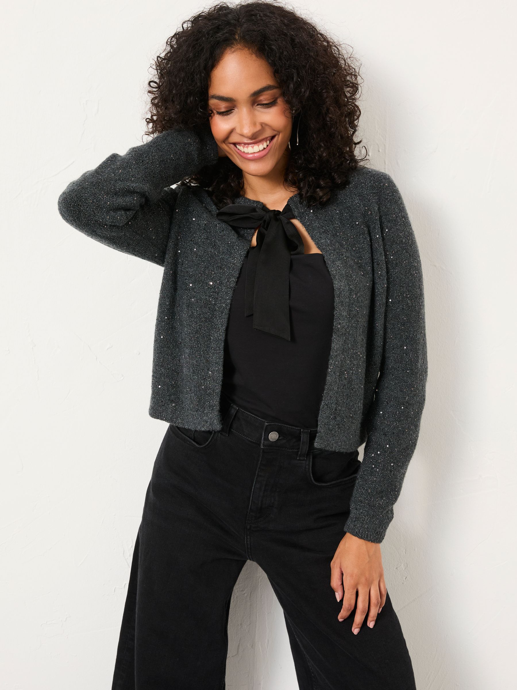 Jasmine Charcoal Grey Sparkle Tie Front Knitted Cardigan - Image 1 of 5