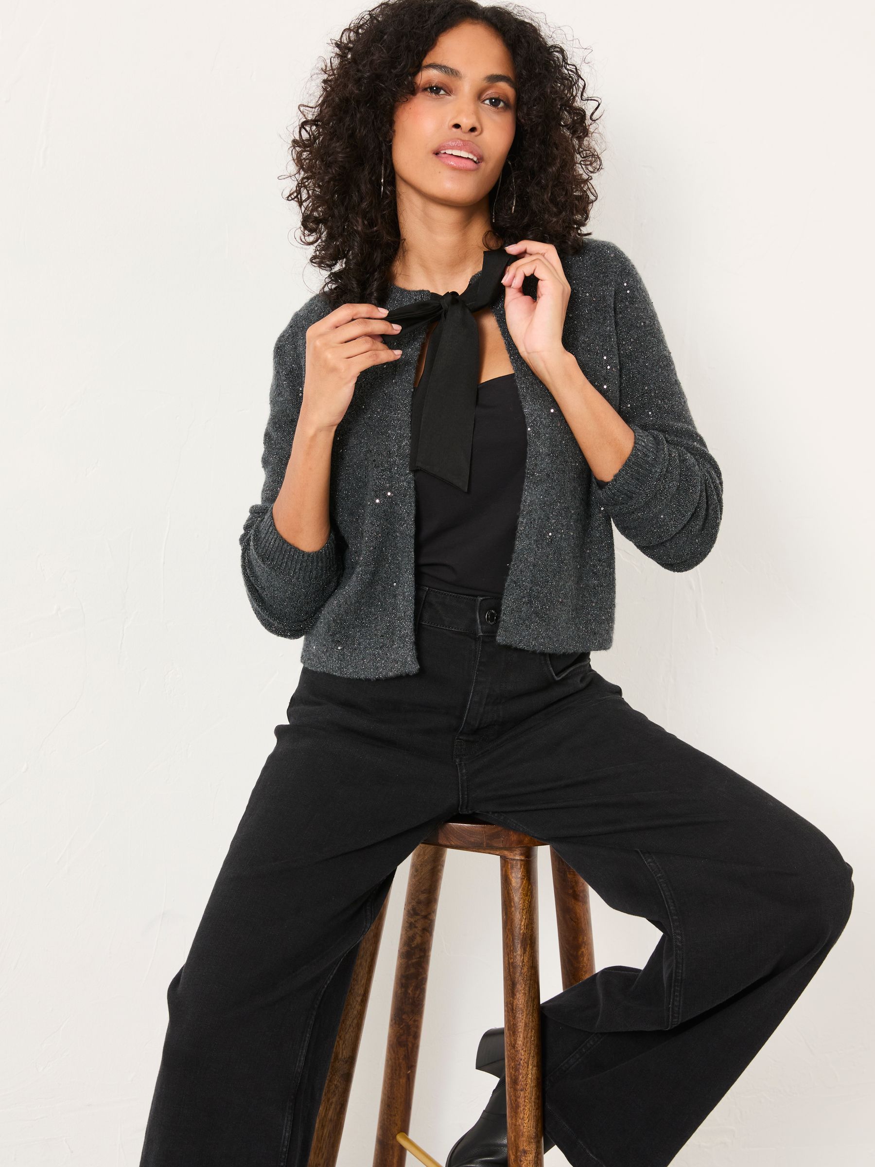 Jasmine Charcoal Grey Sparkle Tie Front Knitted Cardigan - Image 3 of 5