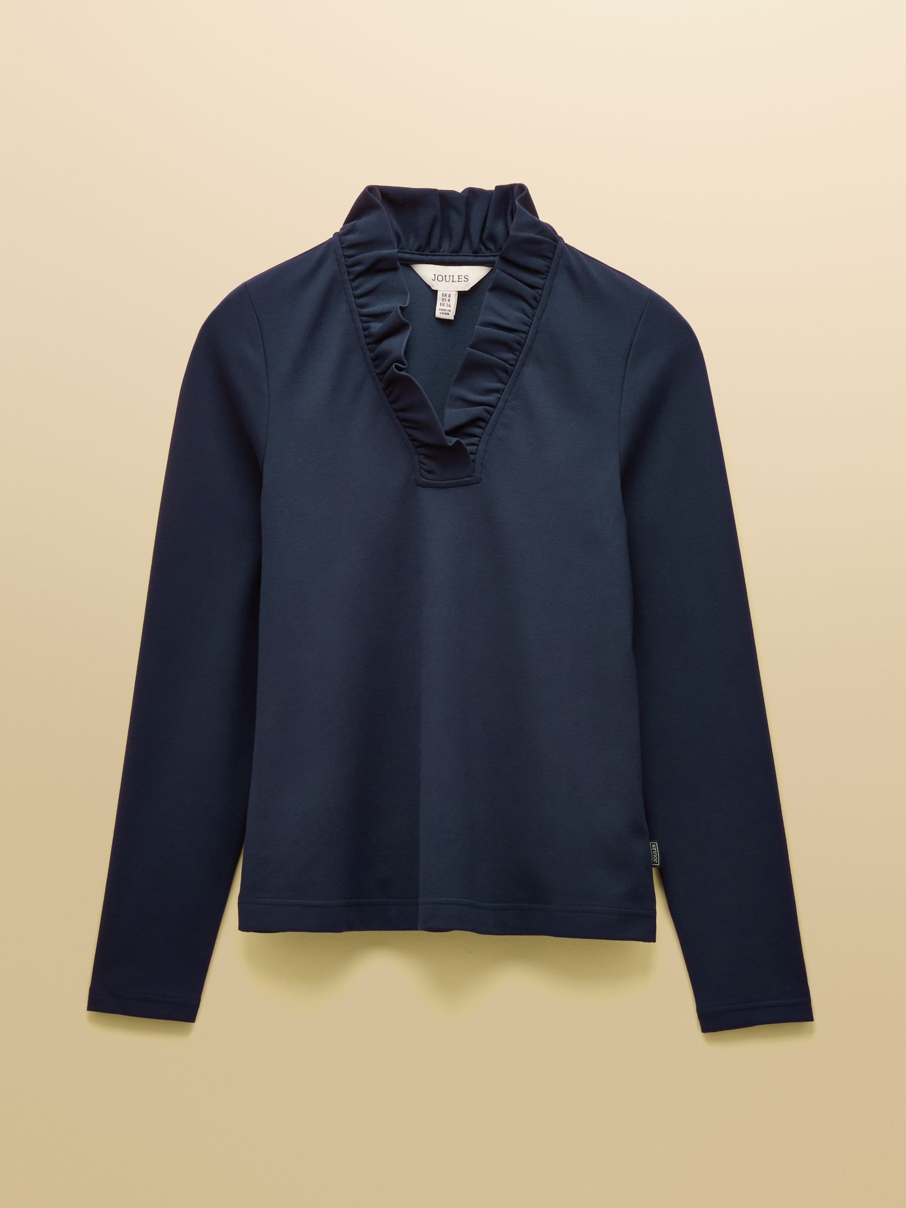 Heidi Navy Frill Neck Jersey Fitted Top | Joules