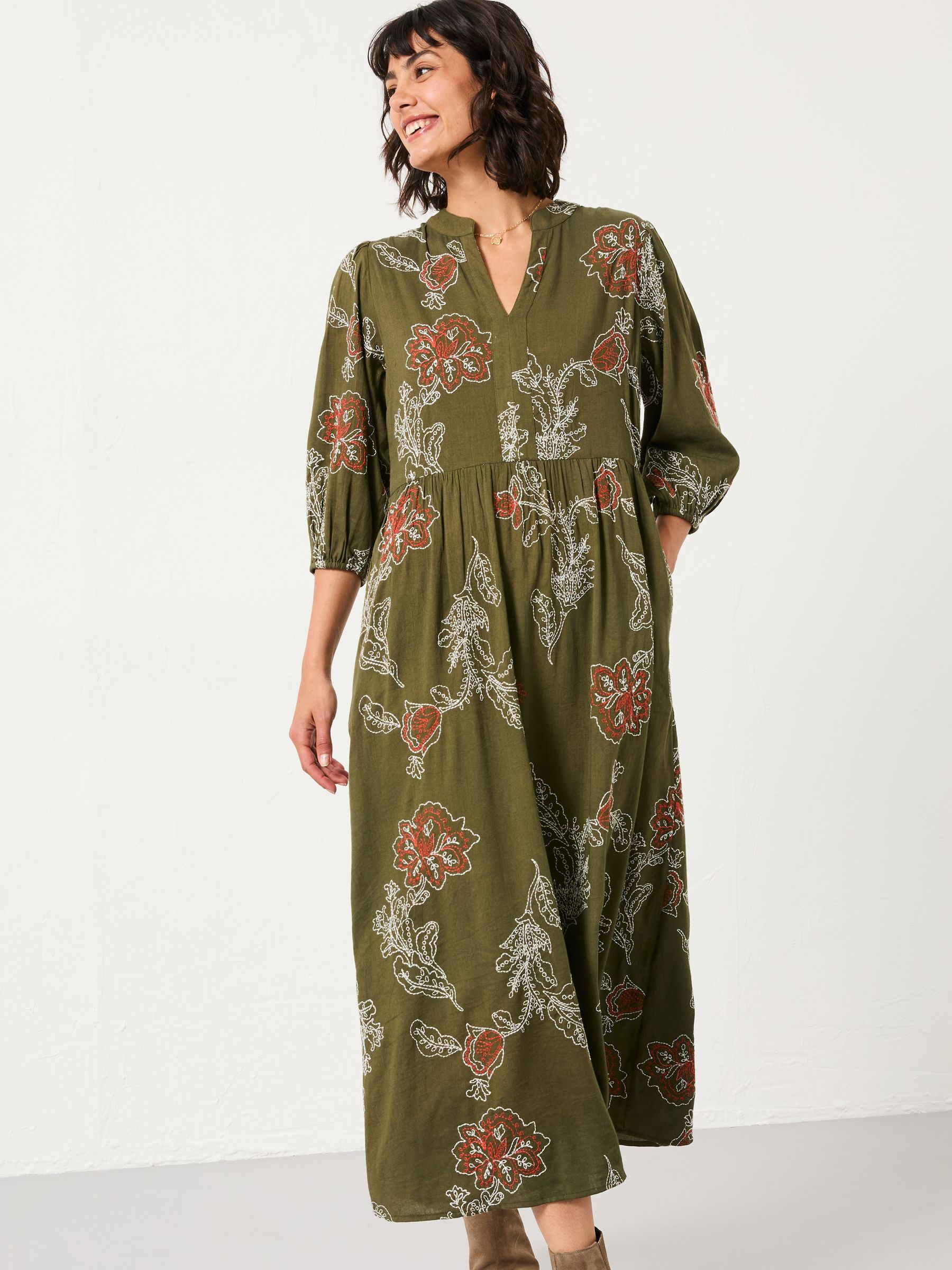 Vivienne Olive Green Petite Embroidered Midi Dress | FatFace USA