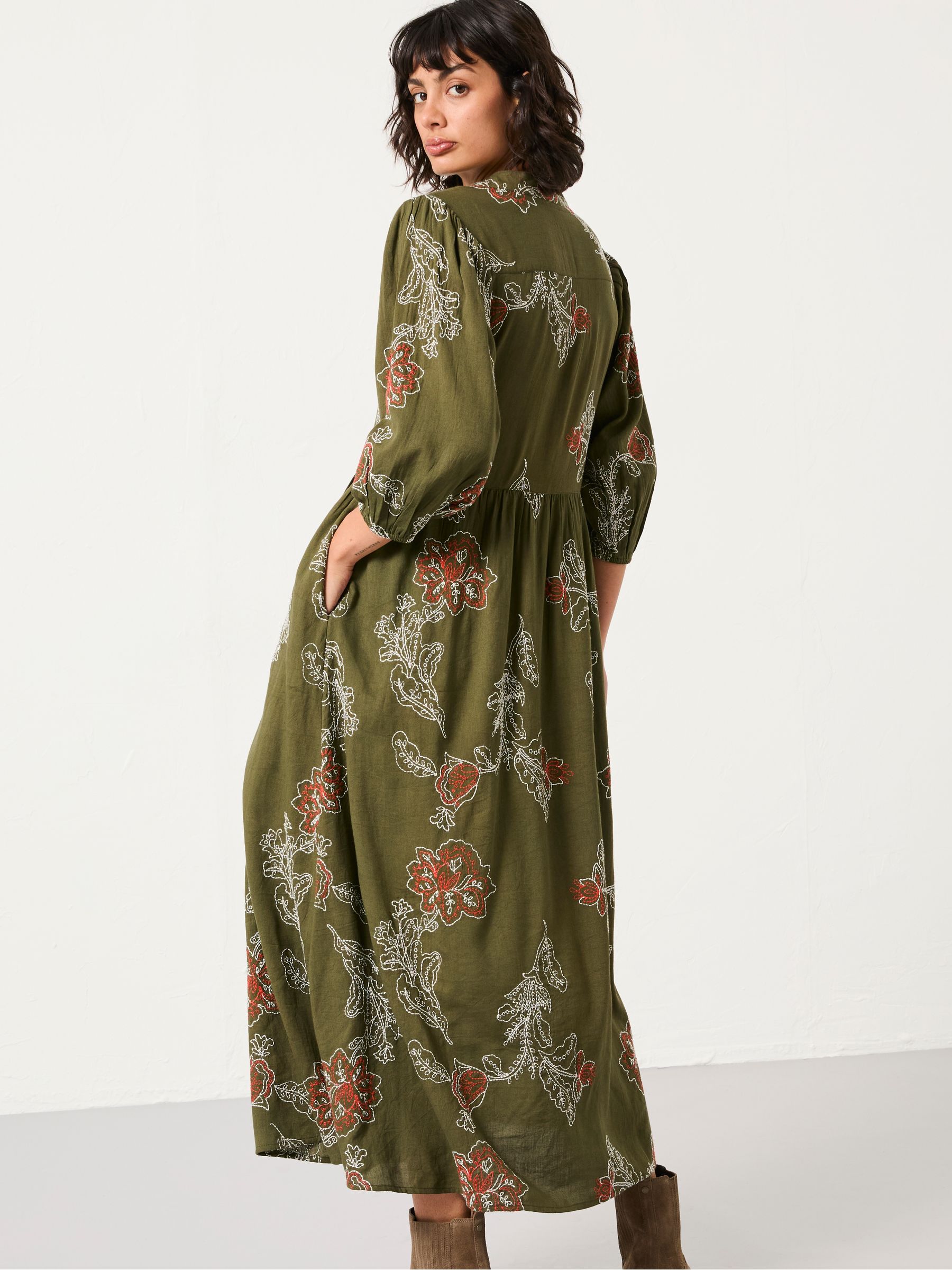 Vivienne Olive Green Petite Embroidered Midi Dress | FatFace USA