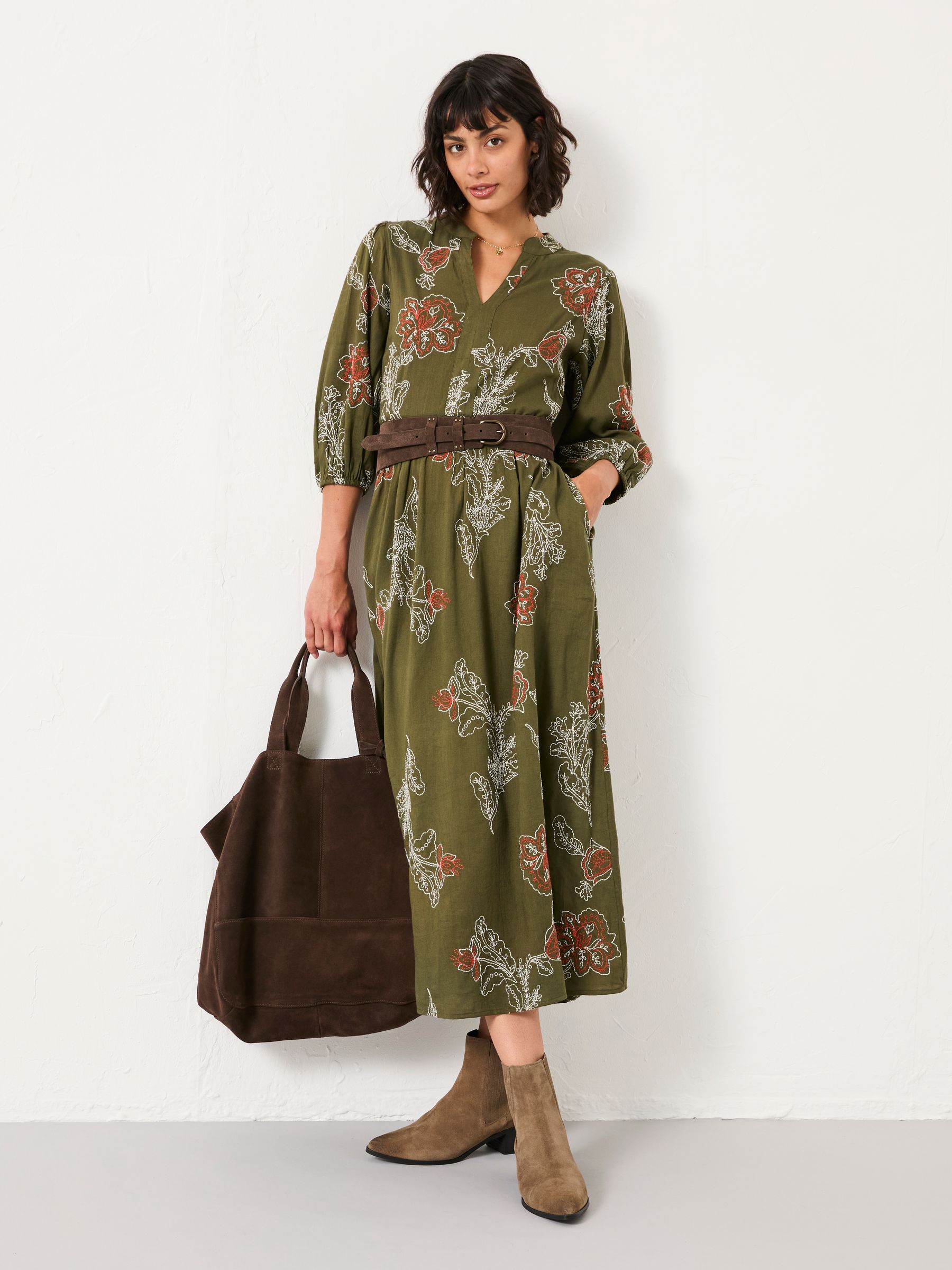 Vivienne Olive Green Petite Embroidered Midi Dress | FatFace USA
