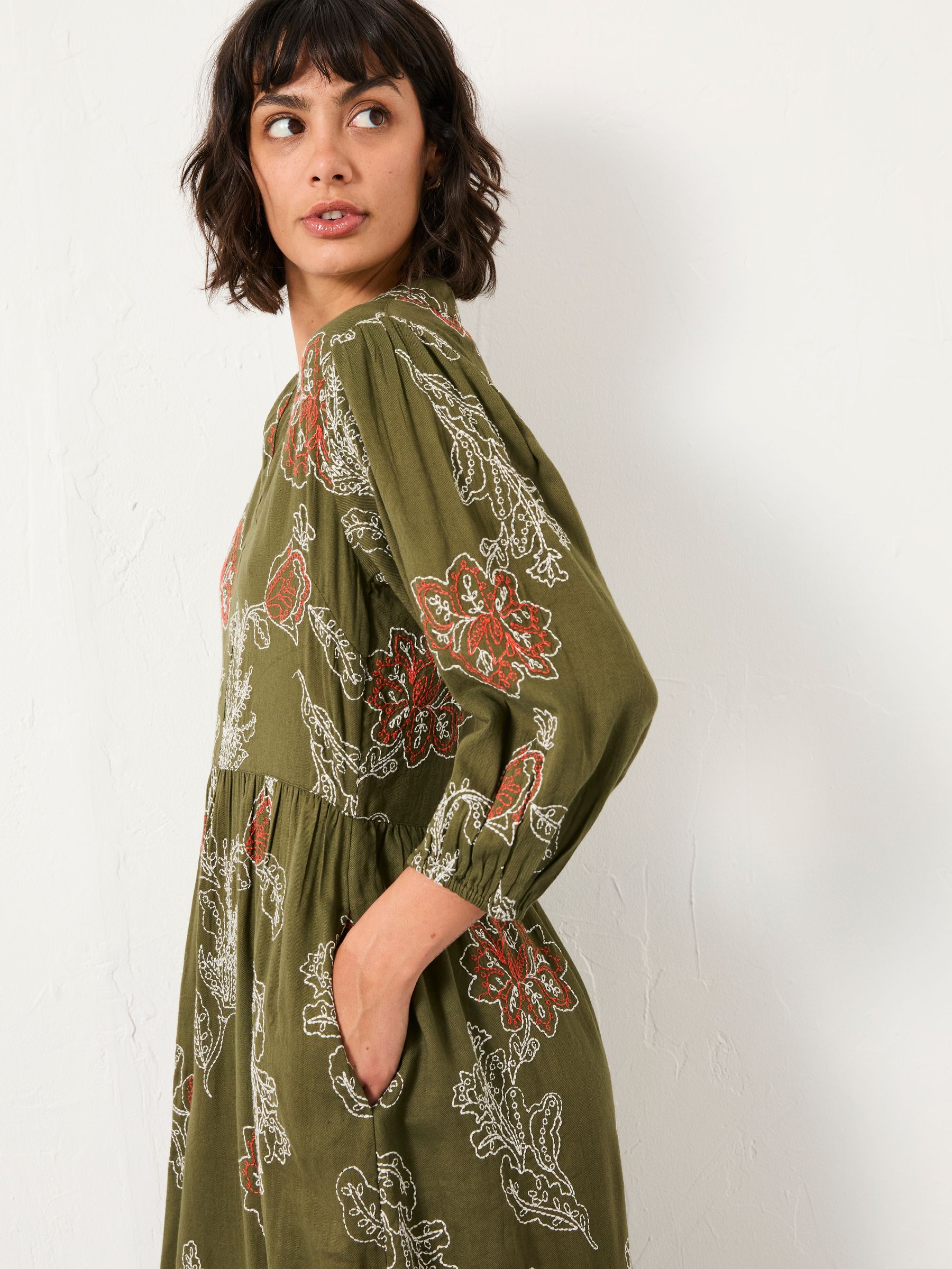 Vivienne Olive Green Petite Embroidered Midi Dress | FatFace USA