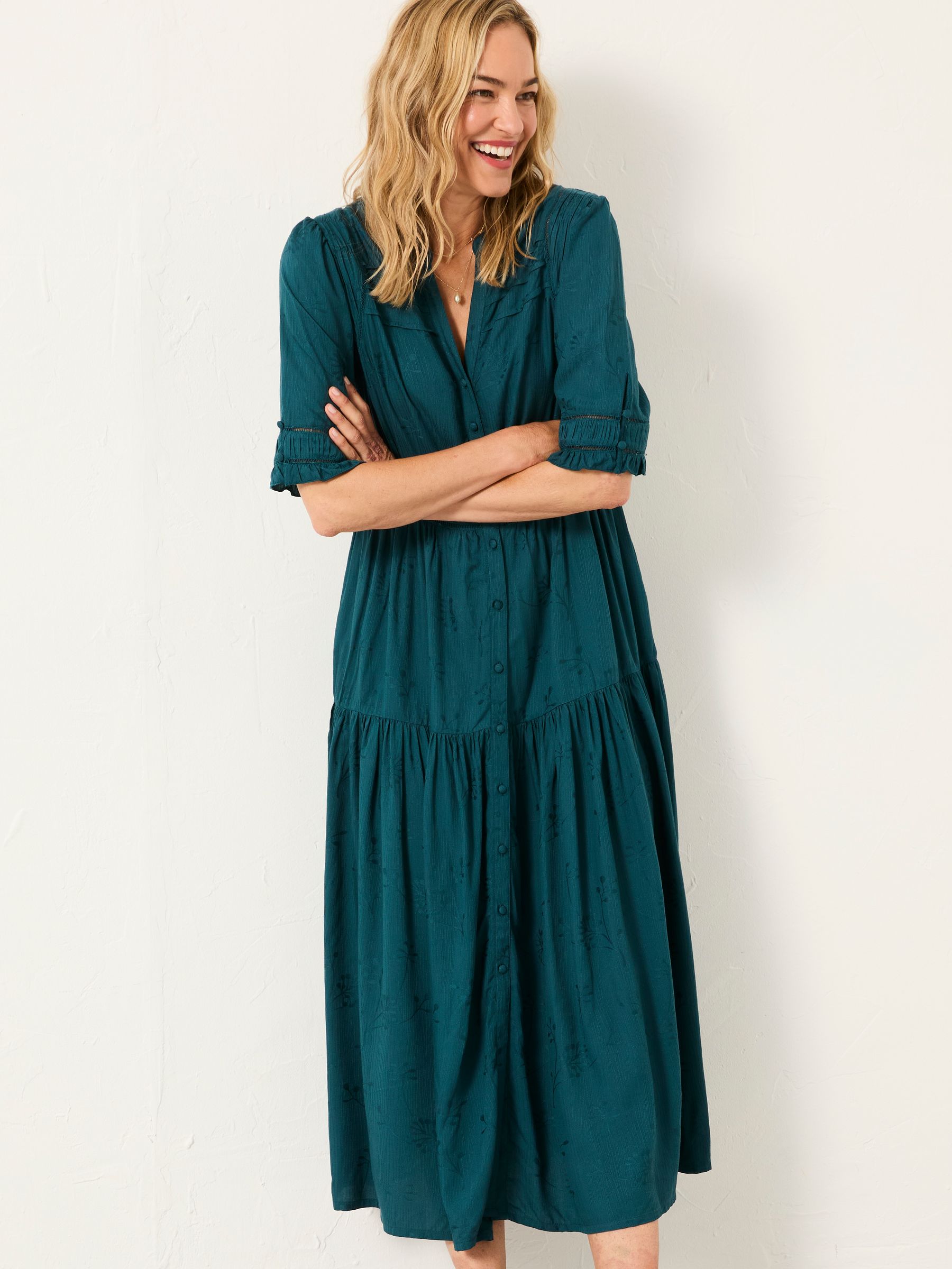Elsie Dark Teal Petite Embroidered Midi Dress - Image 3 of 6