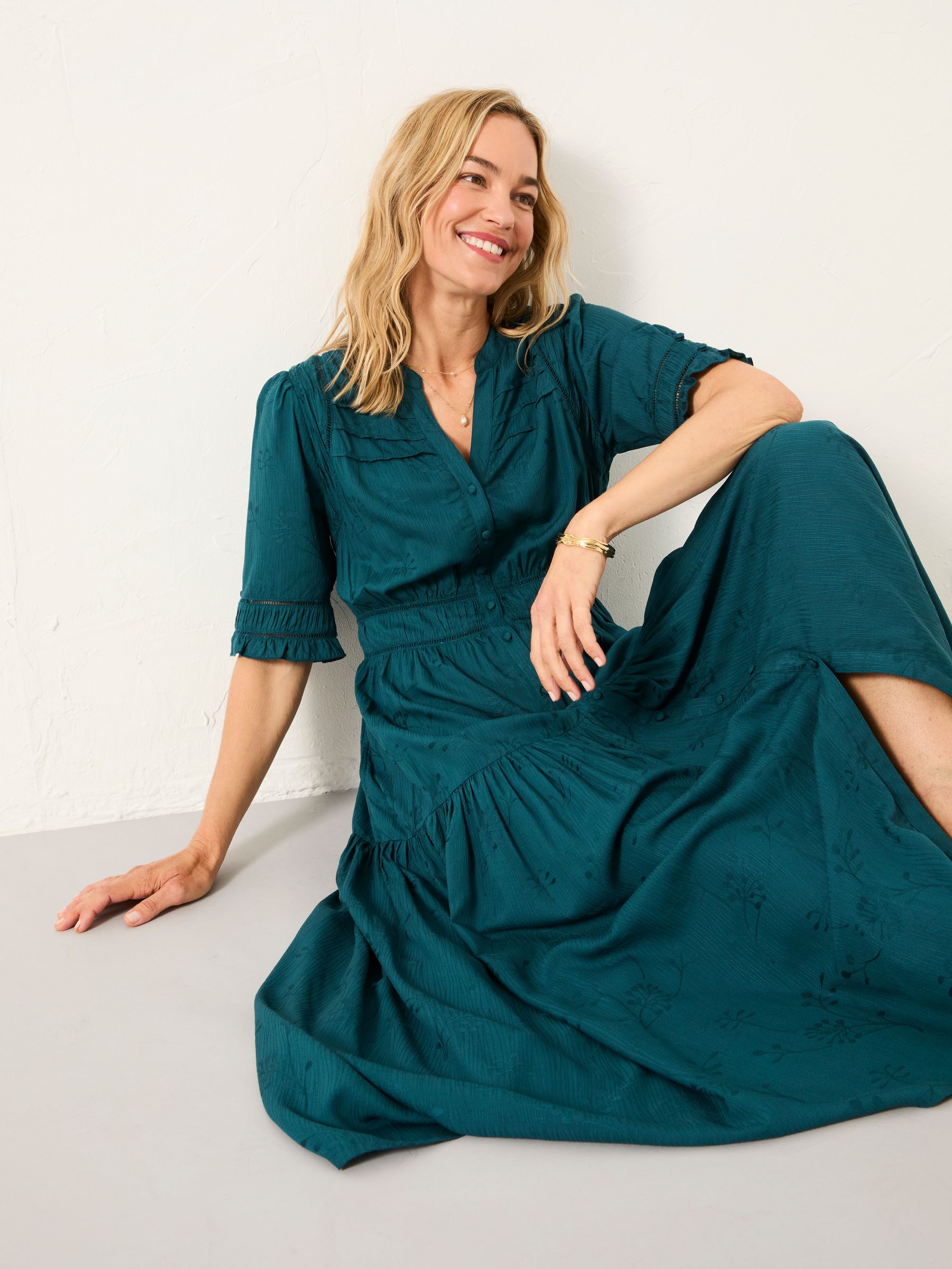 Elsie Dark Teal Petite Embroidered Midi Dress - Image 5 of 6