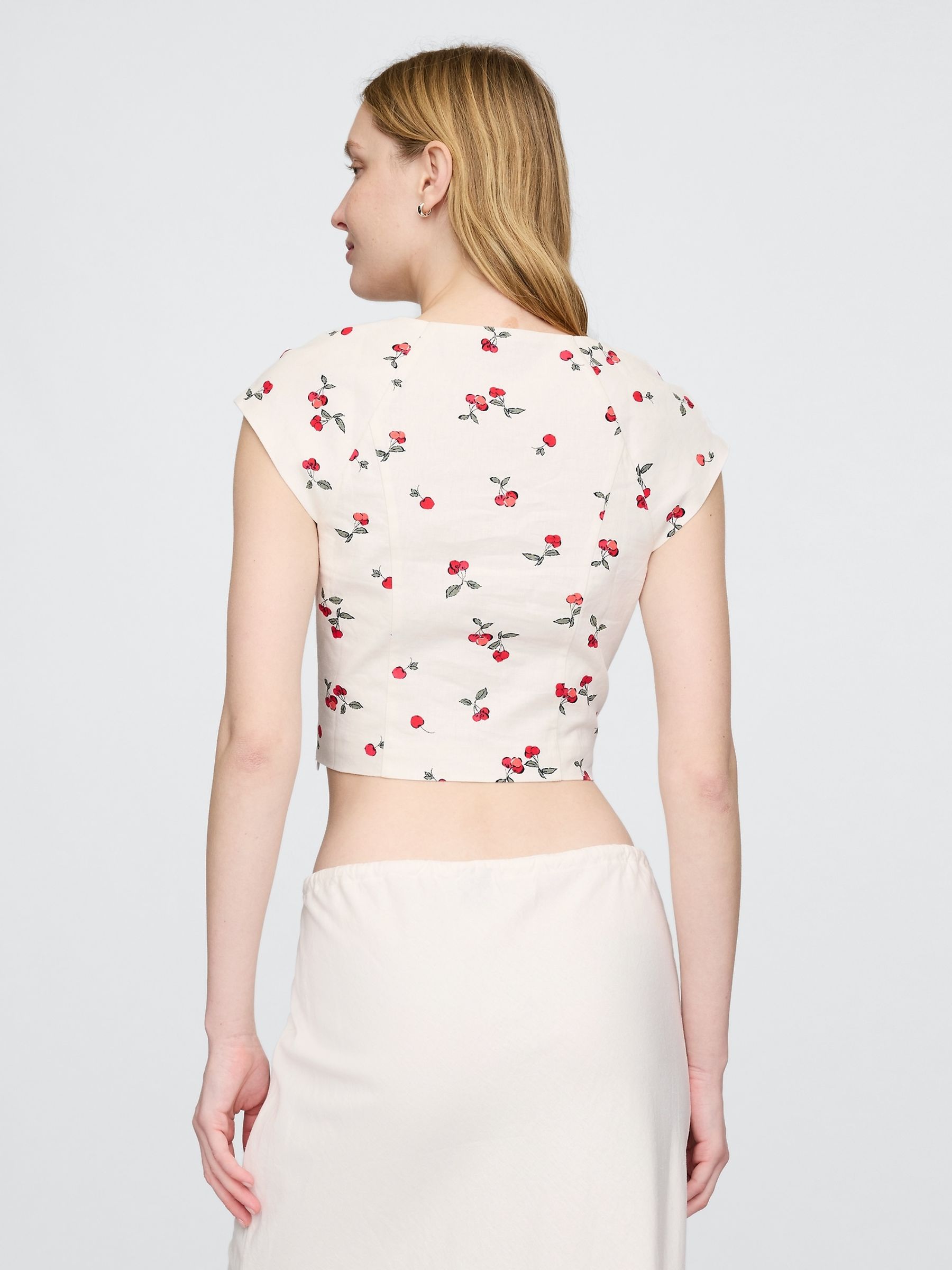 White Cherry Heavyweight Linen-Blend Cap-Sleeve Cropped Top - Image 2 of 5