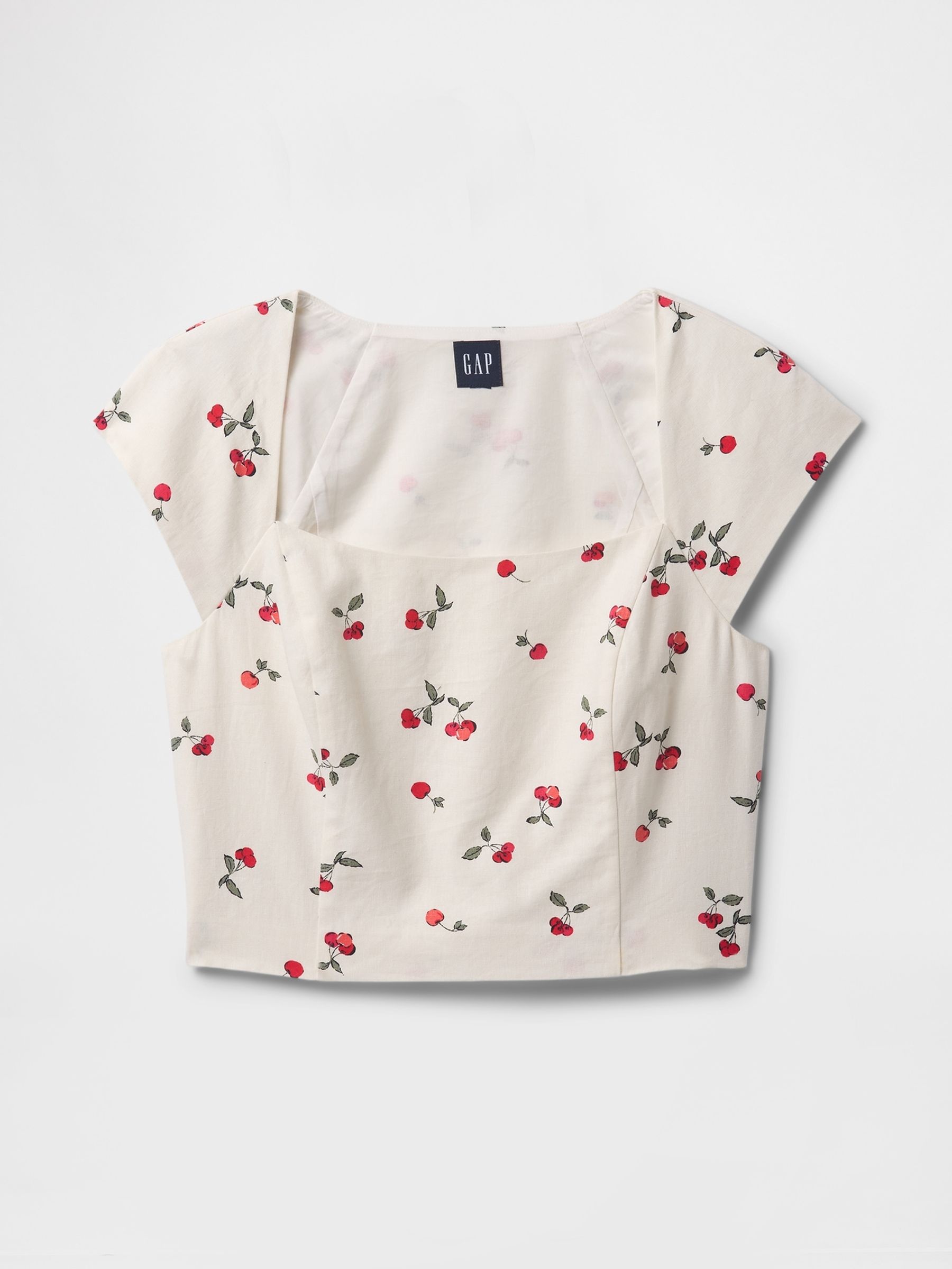 White Cherry Heavyweight Linen-Blend Cap-Sleeve Cropped Top - Image 4 of 5