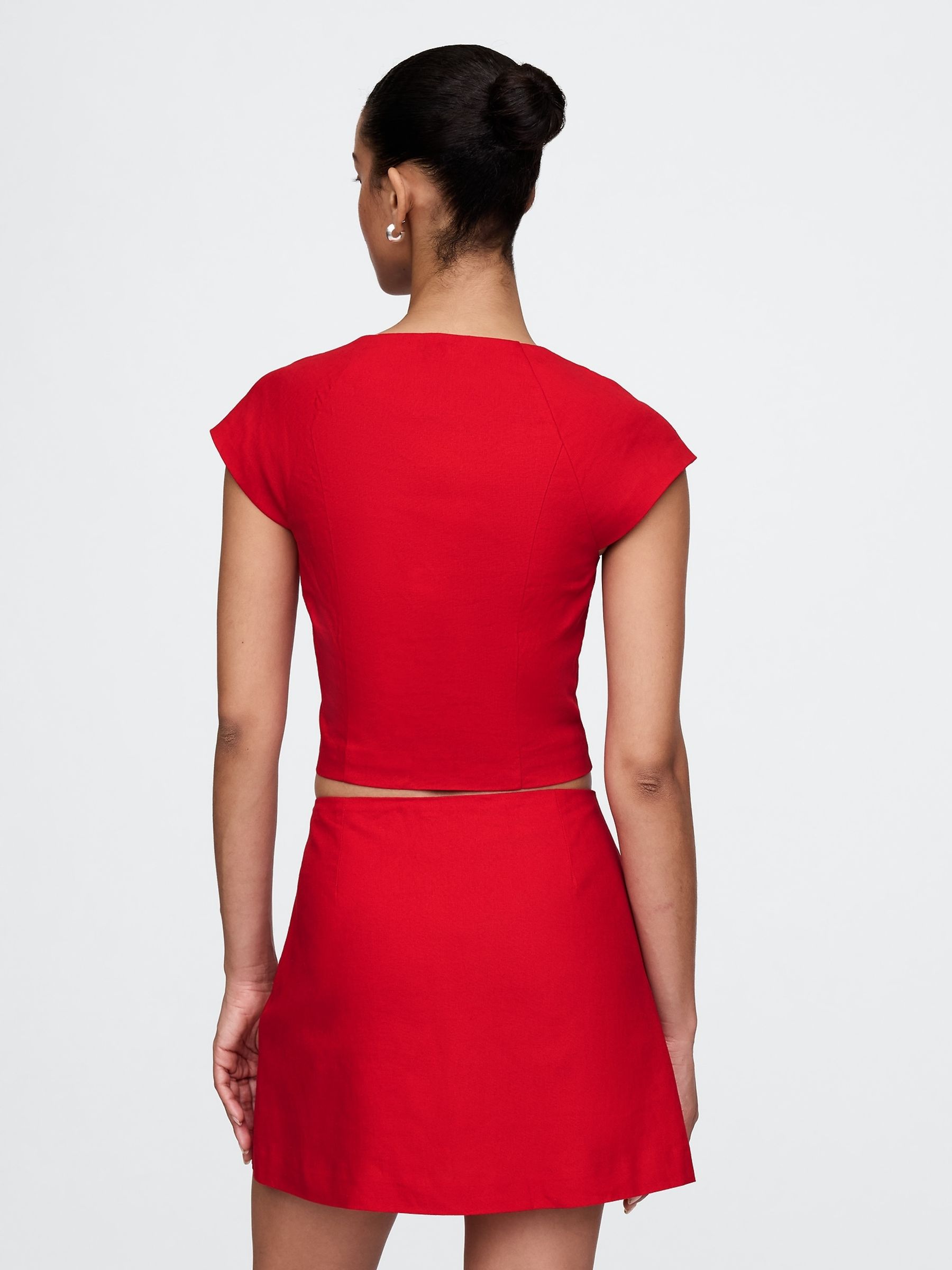 Red Heavyweight Linen-Blend Cap-Sleeve Cropped Top - Image 2 of 5
