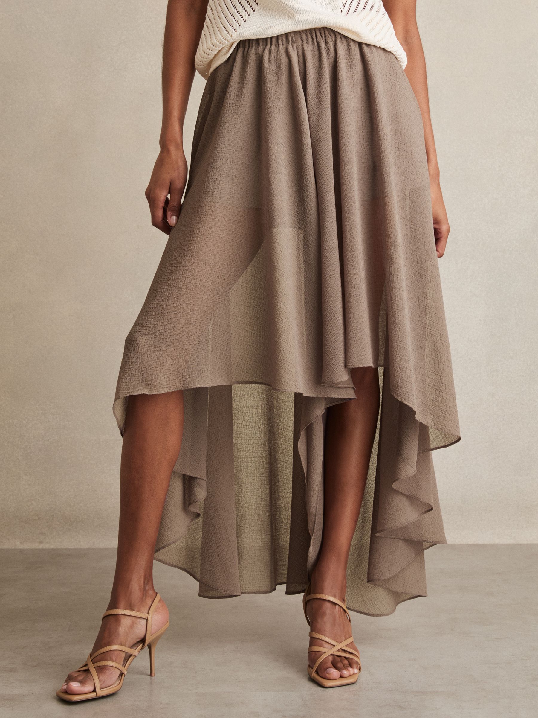 Reiss Sheer-Overlay High-Low Shorts in Mink Neutral | REISS