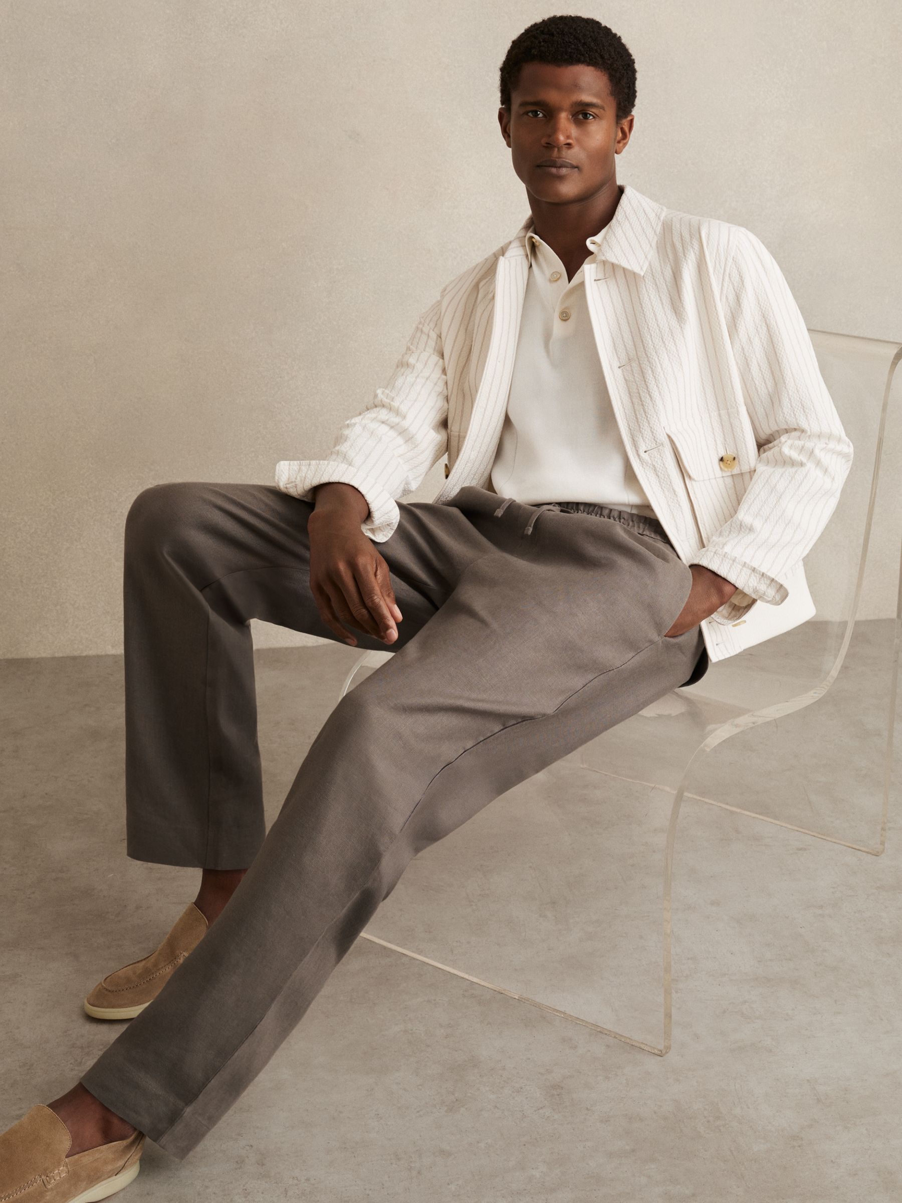 Linen Drawstring Relaxed-Fit Trousers in Mushroom Brown - Image 1 of 7